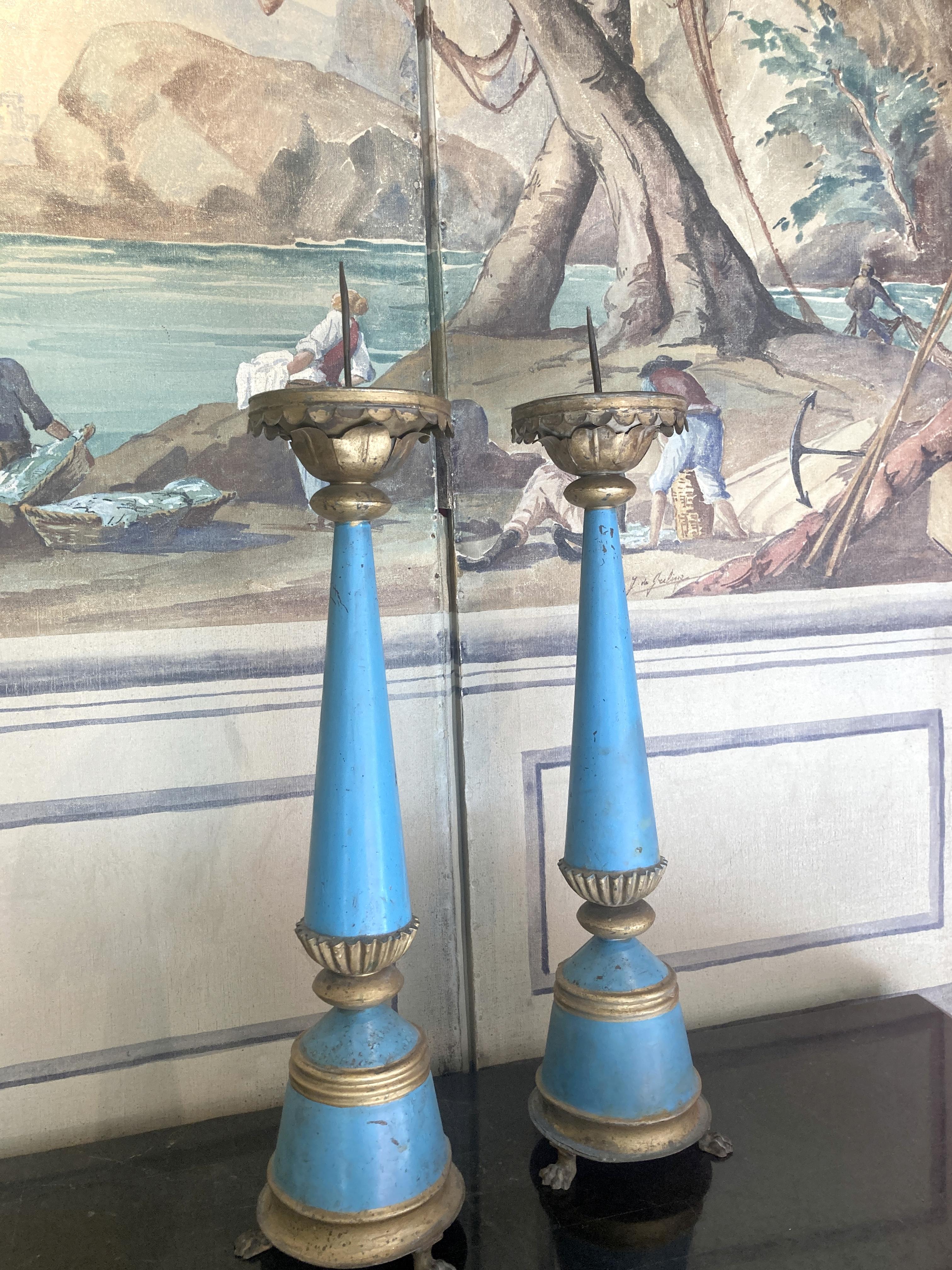 French 19th Century Tall Blue Painted Tole and Parcel Gilt Pricket Candlesticks For Sale 3