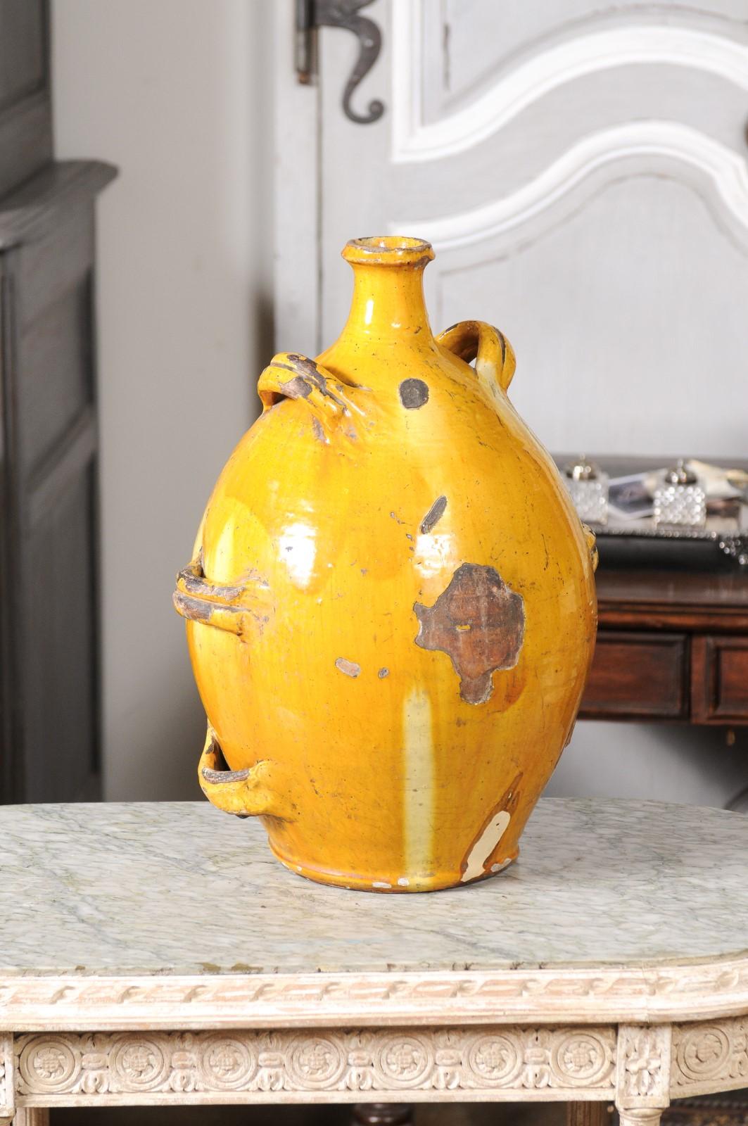 French Provincial French 19th Century Terracotta Conscience Olive Oil Jar with Yellow Glaze
