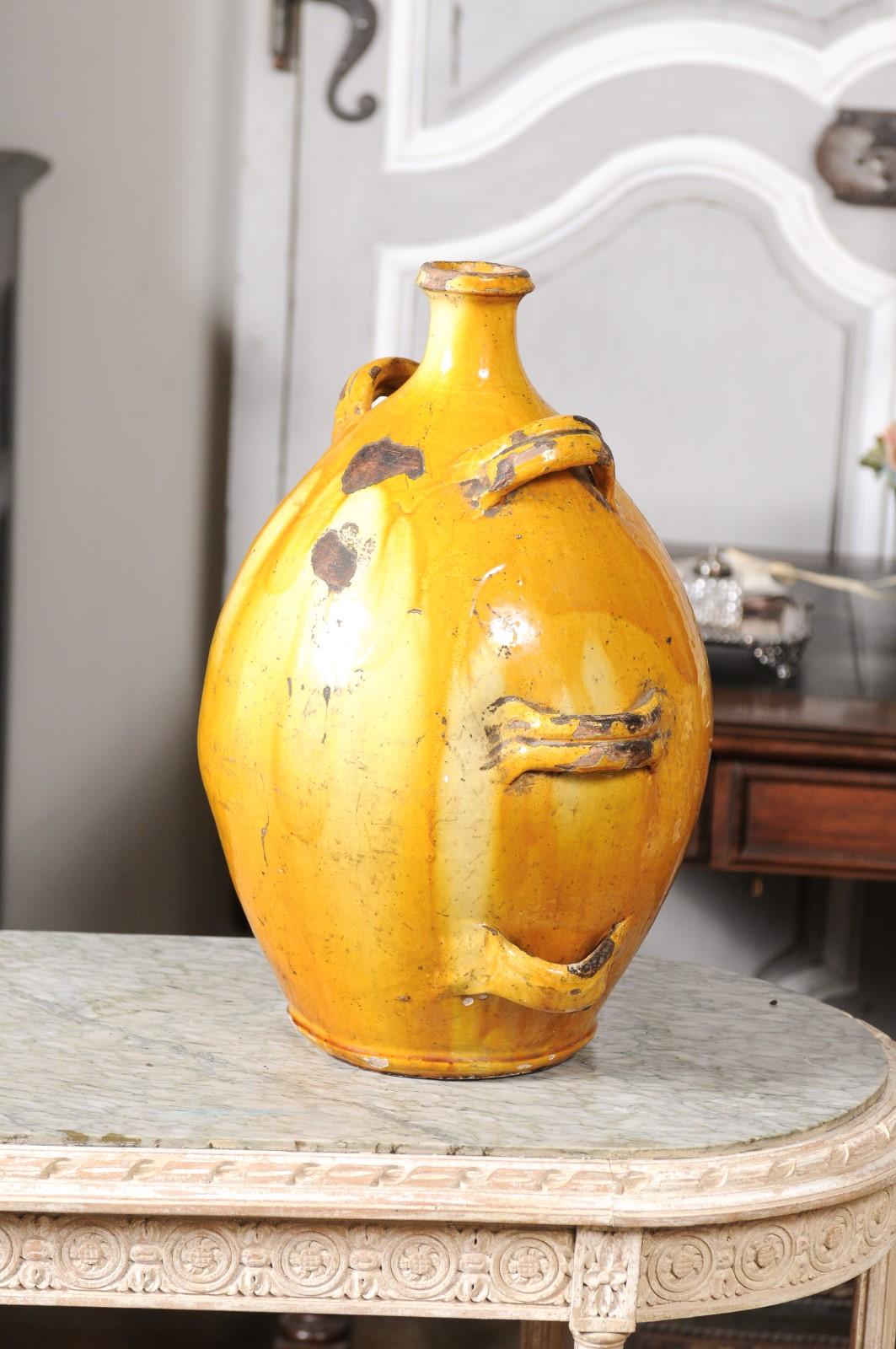 French 19th Century Terracotta Conscience Olive Oil Jar with Yellow Glaze 1