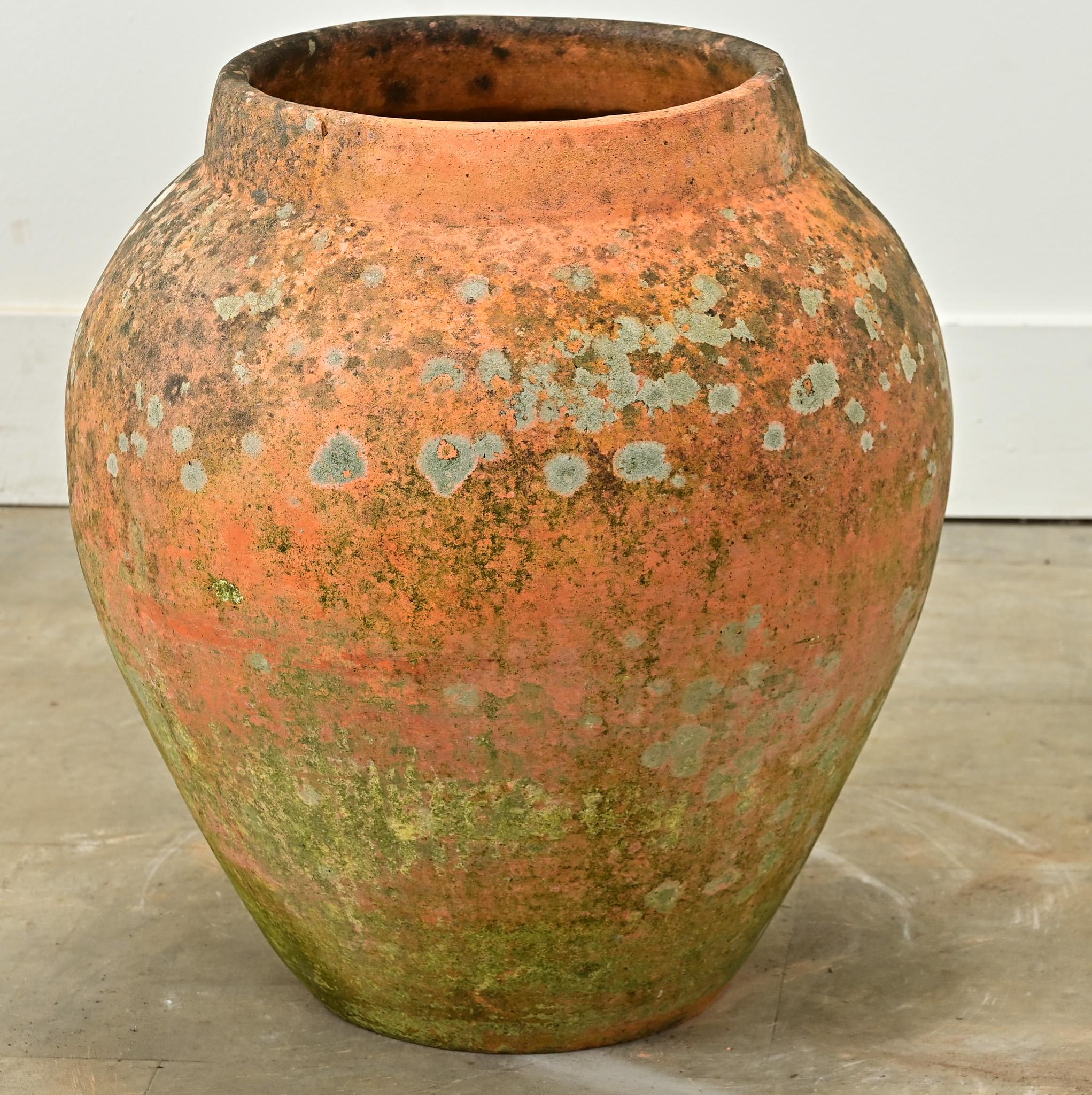 Un vaso da olio di provincia francese non smaltato proveniente da Biot, Francia, 1780 circa. Questo vaso patinato ha molto carattere e una patina coerente con la sua età. Perfetto per essere utilizzato come scultura o come fioriera in interni o in