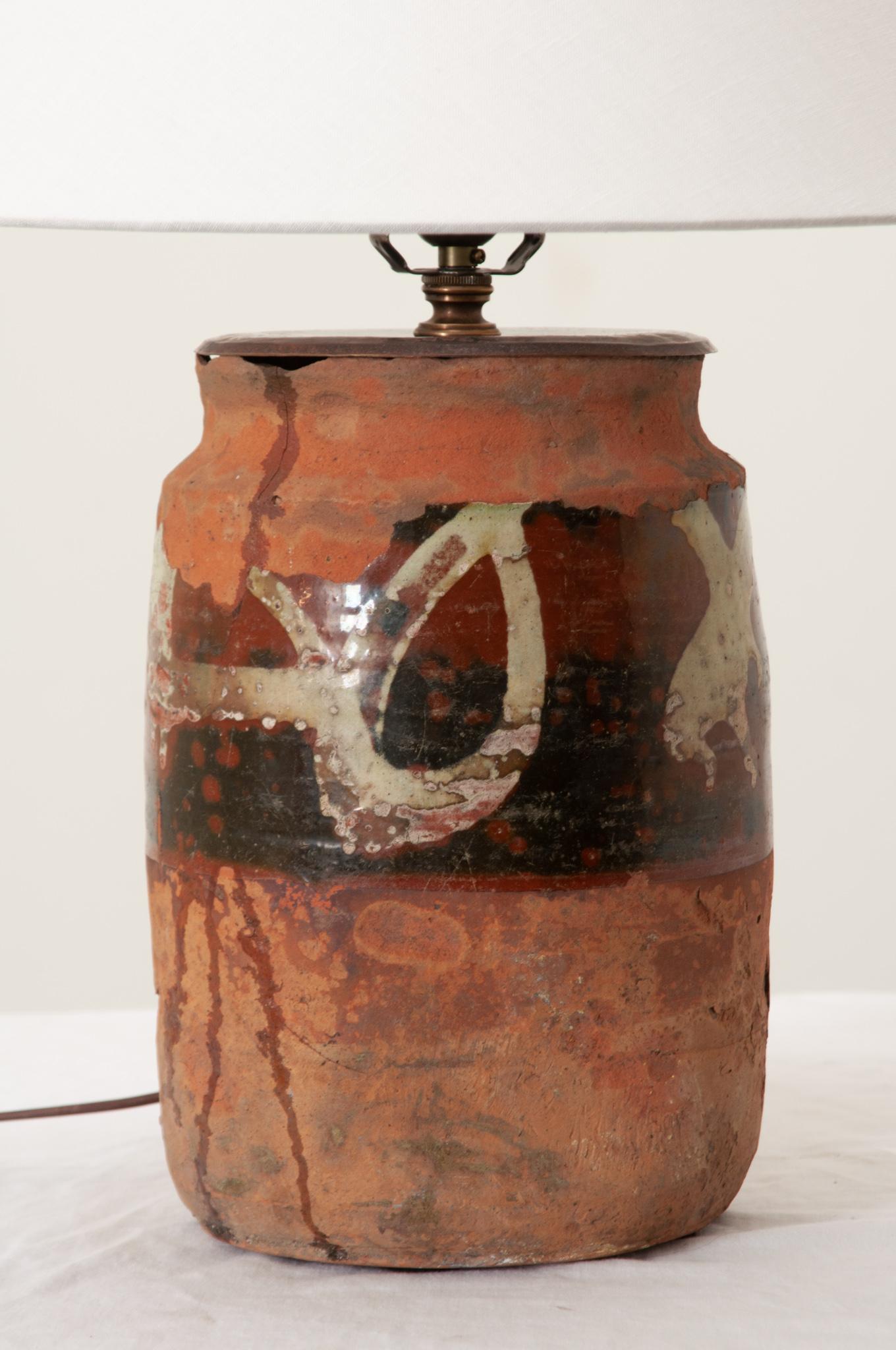 Glazed French 19th Century Terracotta Olive Jar Lamp