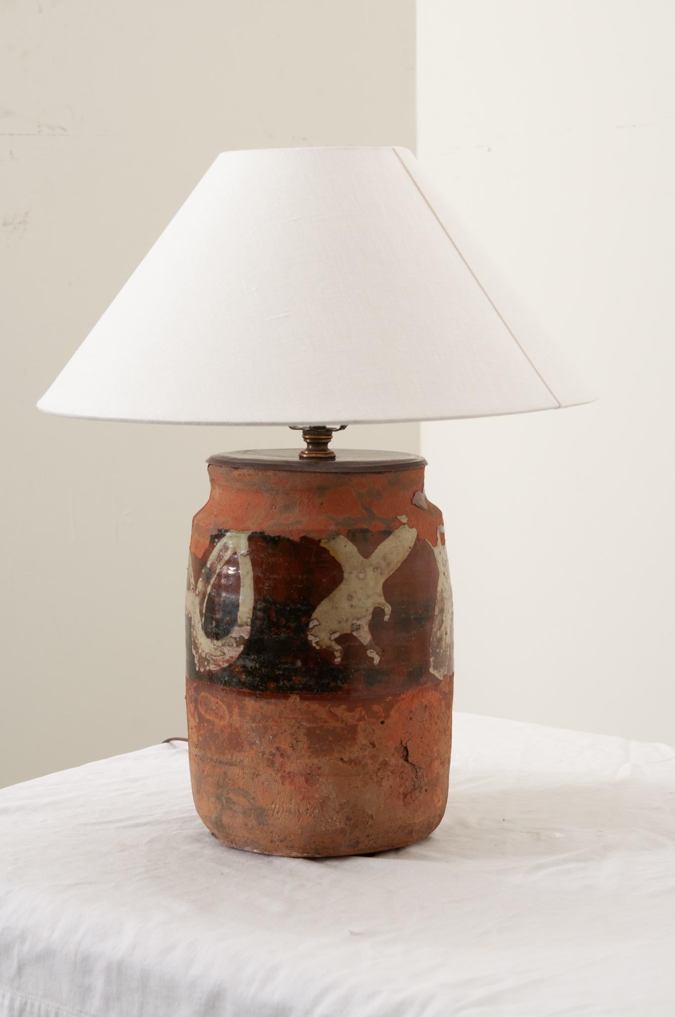 Brass French 19th Century Terracotta Olive Jar Lamp