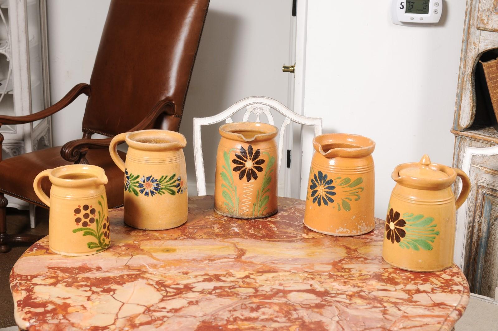 French 19th Century Terracotta Pottery Pitchers with Floral Decor, Sold Each For Sale 8