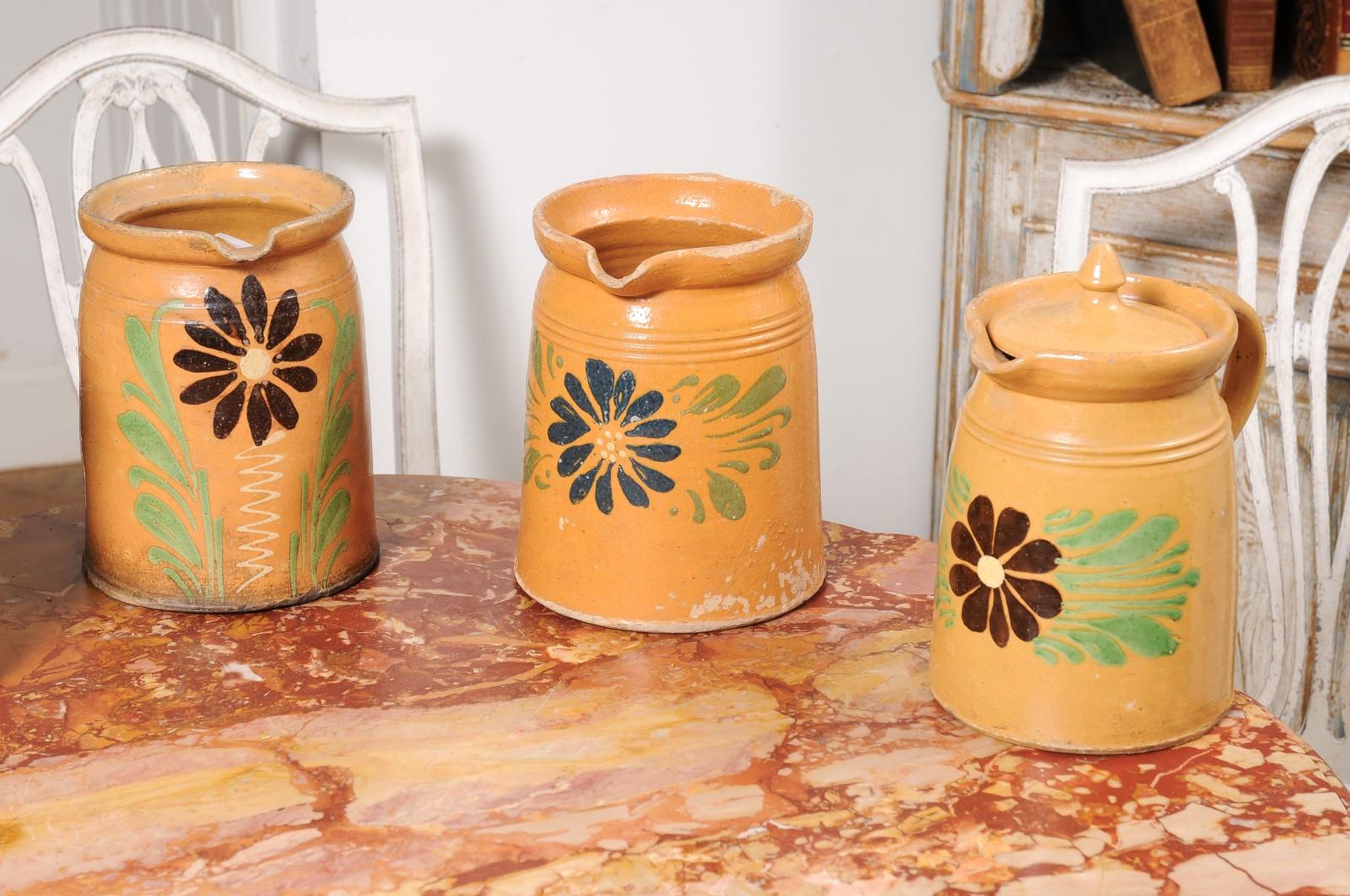 French 19th Century Terracotta Pottery Pitchers with Floral Decor, Sold Each For Sale 9