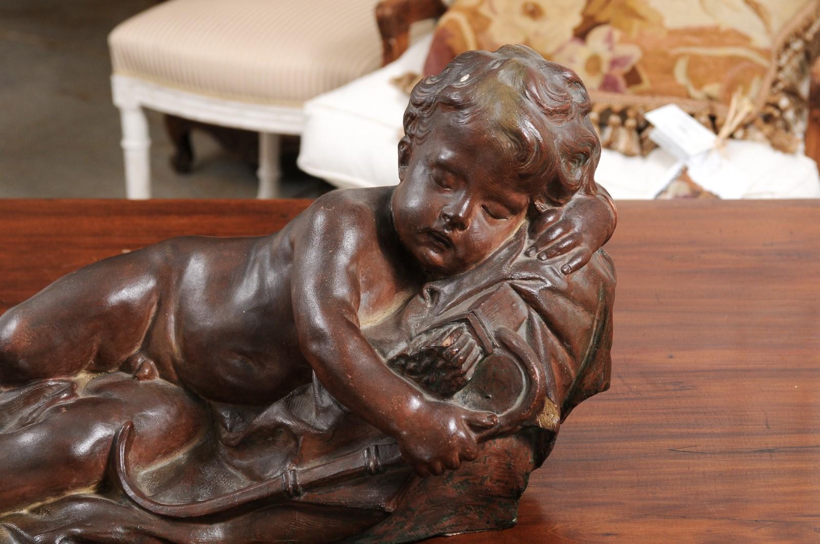French 19th Century Terracotta Sleeping Cupid after Giovacchino Fortini For Sale 2