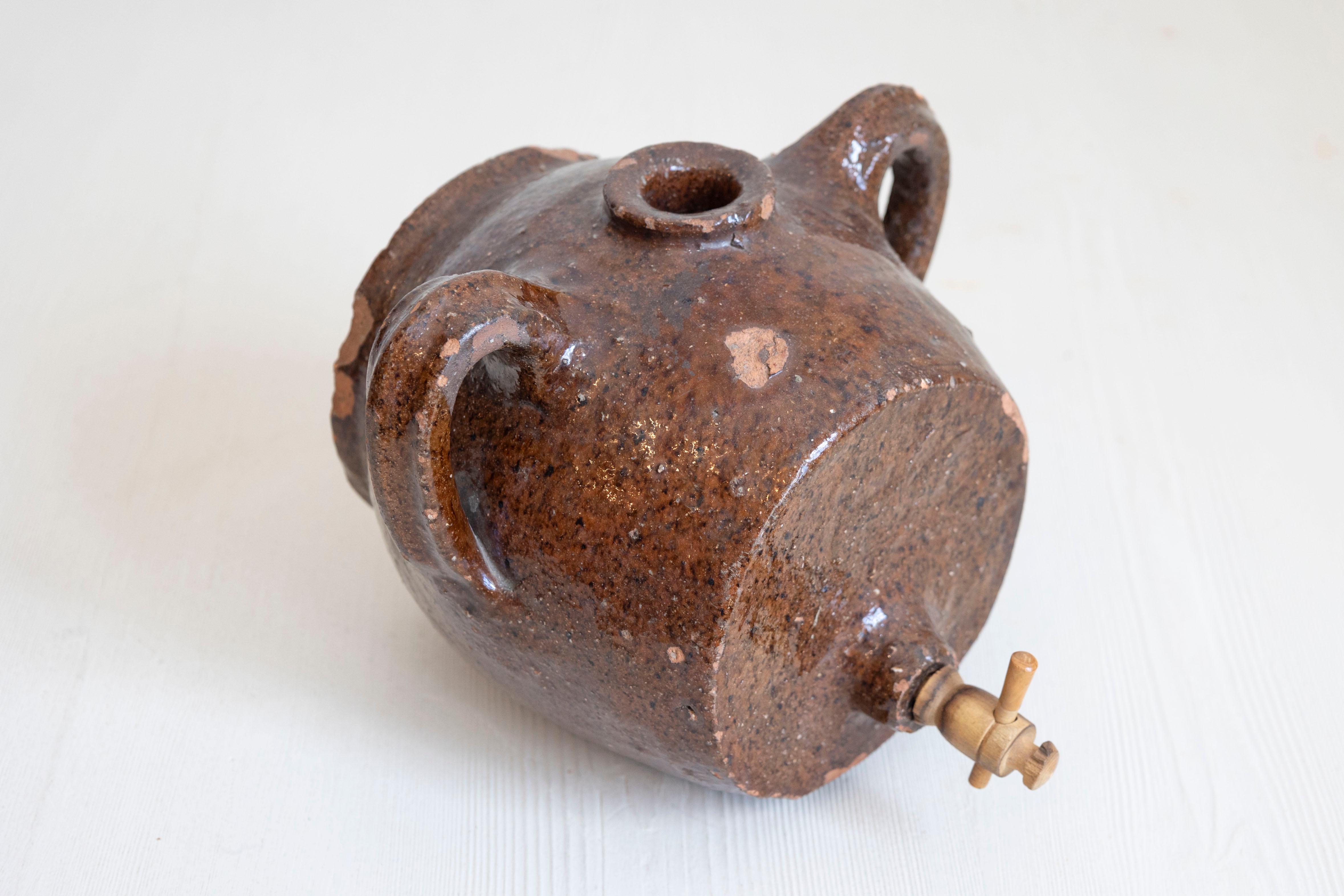 Glazed French 19th Century Terracotta Vinegar Pot with Chocolate Glaze and Great Patina For Sale