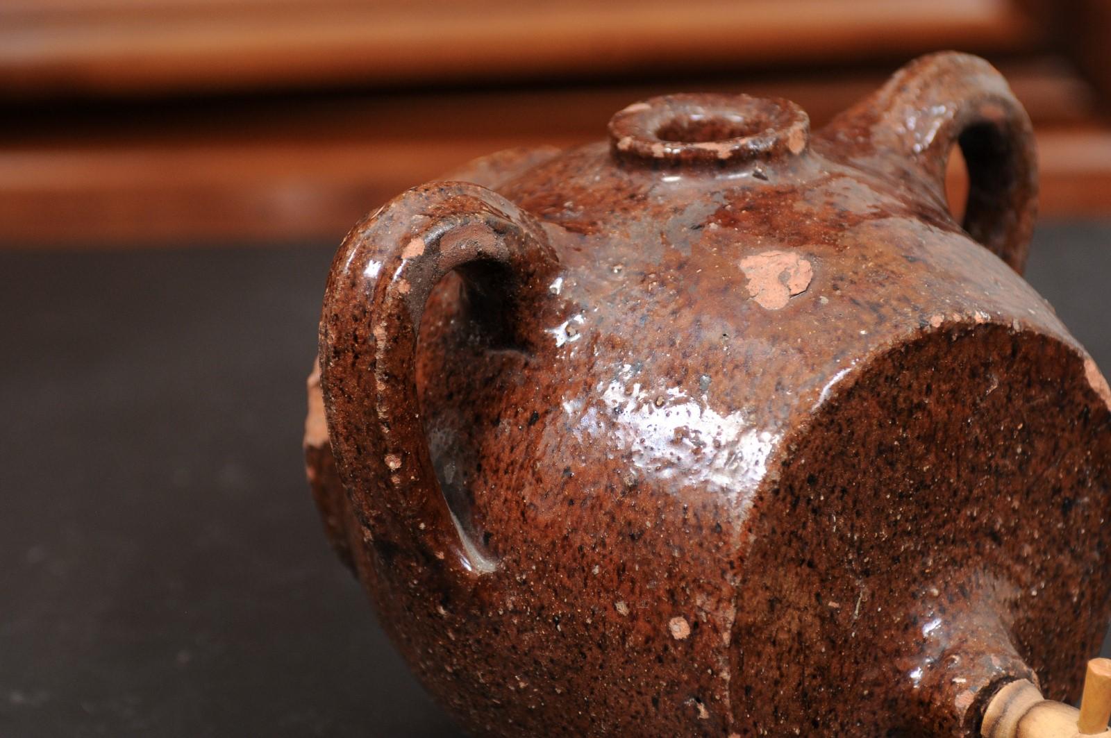 Glazed French 19th Century Terracotta Vinegar Pot with Chocolate Glaze and Great Patina For Sale