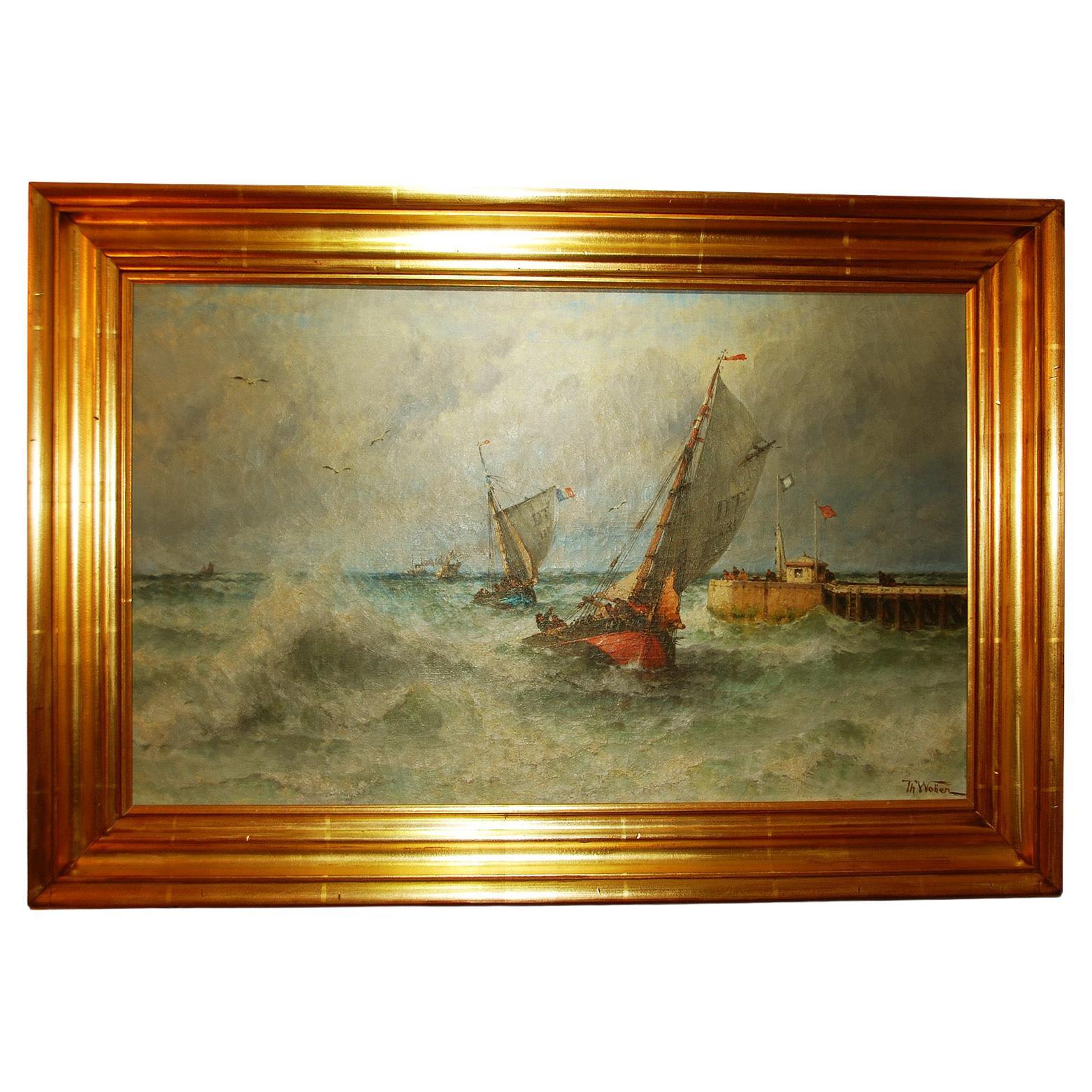 French 19th Century Theodor Weber Oil Painting "Fishing Boats Coming Home"