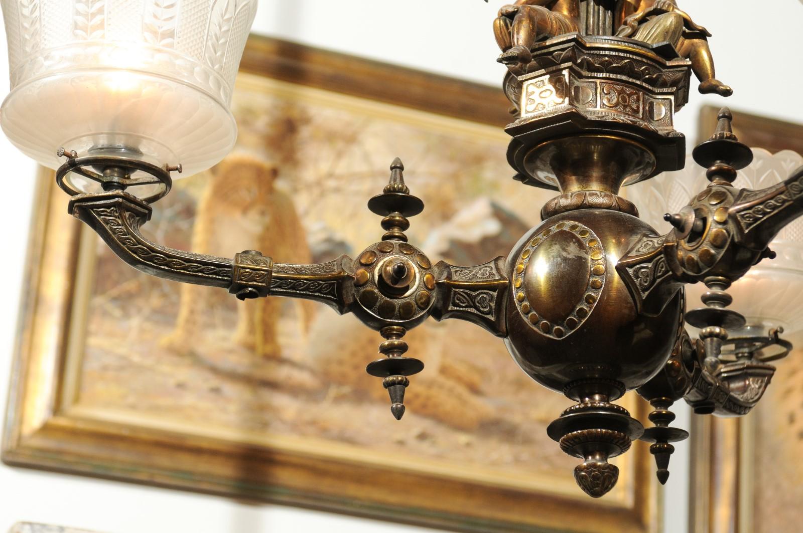French 19th Century Three-Light Bronze and Baccarat Chandelier with Cherubs In Good Condition For Sale In Atlanta, GA