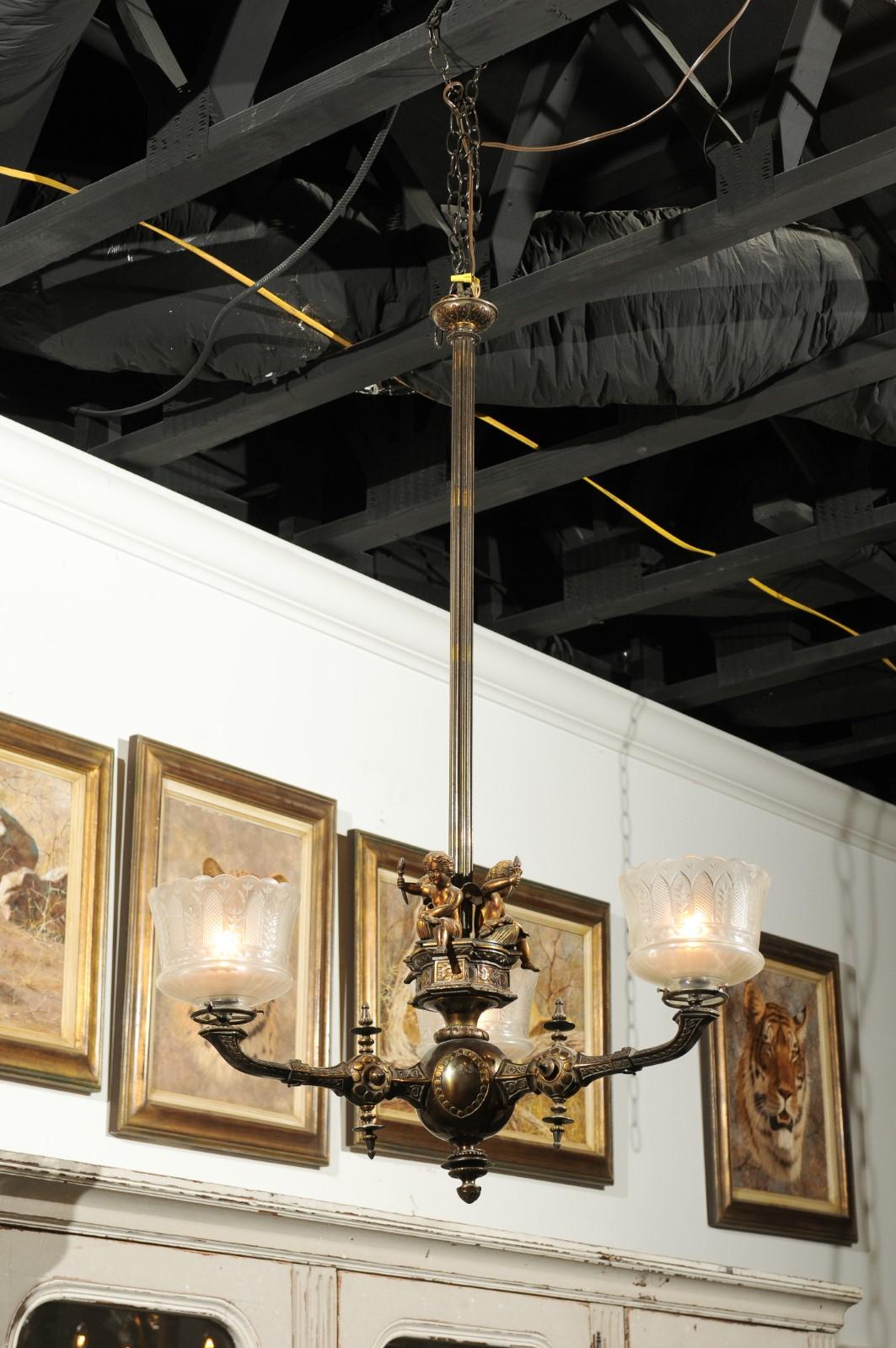 French 19th Century Three-Light Bronze and Baccarat Chandelier with Cherubs For Sale 1