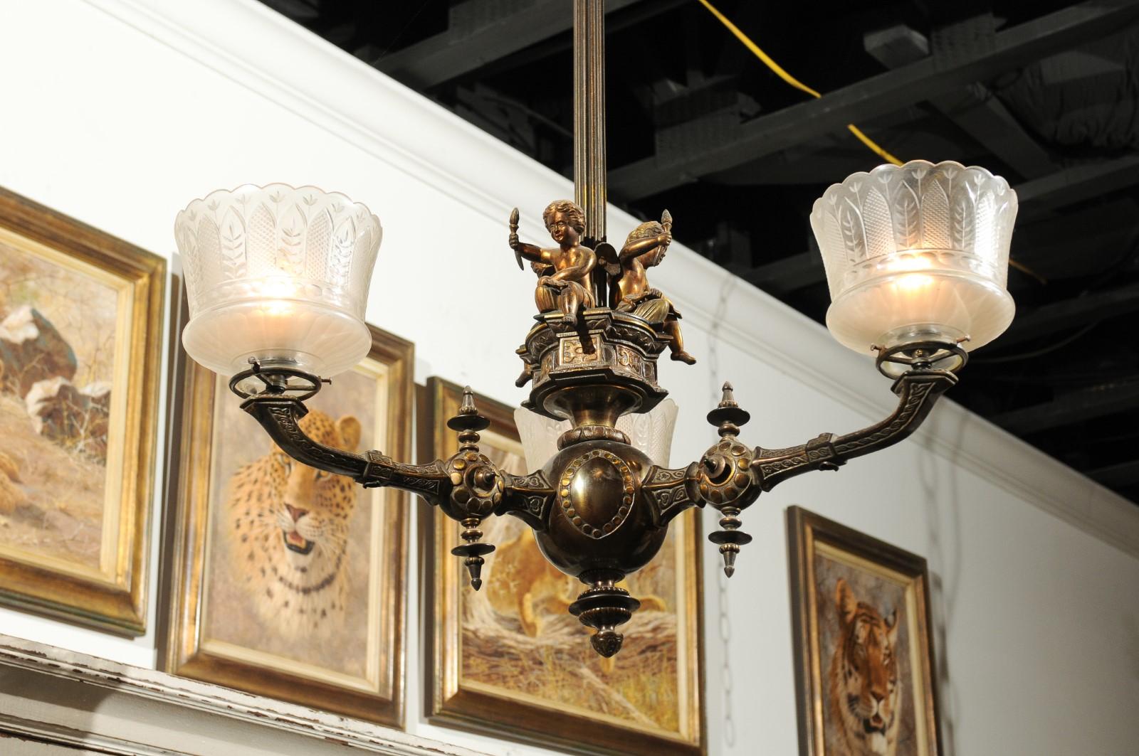 French 19th Century Three-Light Bronze and Baccarat Chandelier with Cherubs For Sale 3
