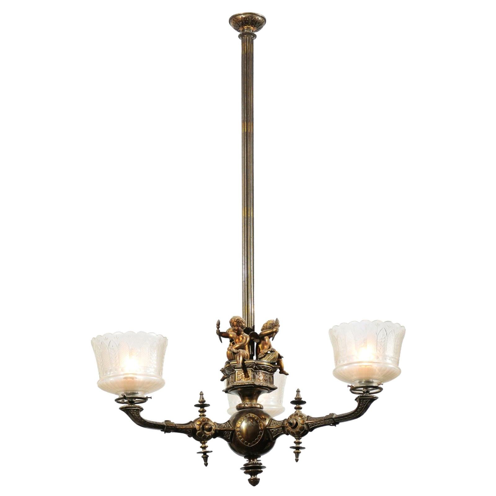 French 19th Century Three-Light Bronze and Baccarat Chandelier with Cherubs For Sale