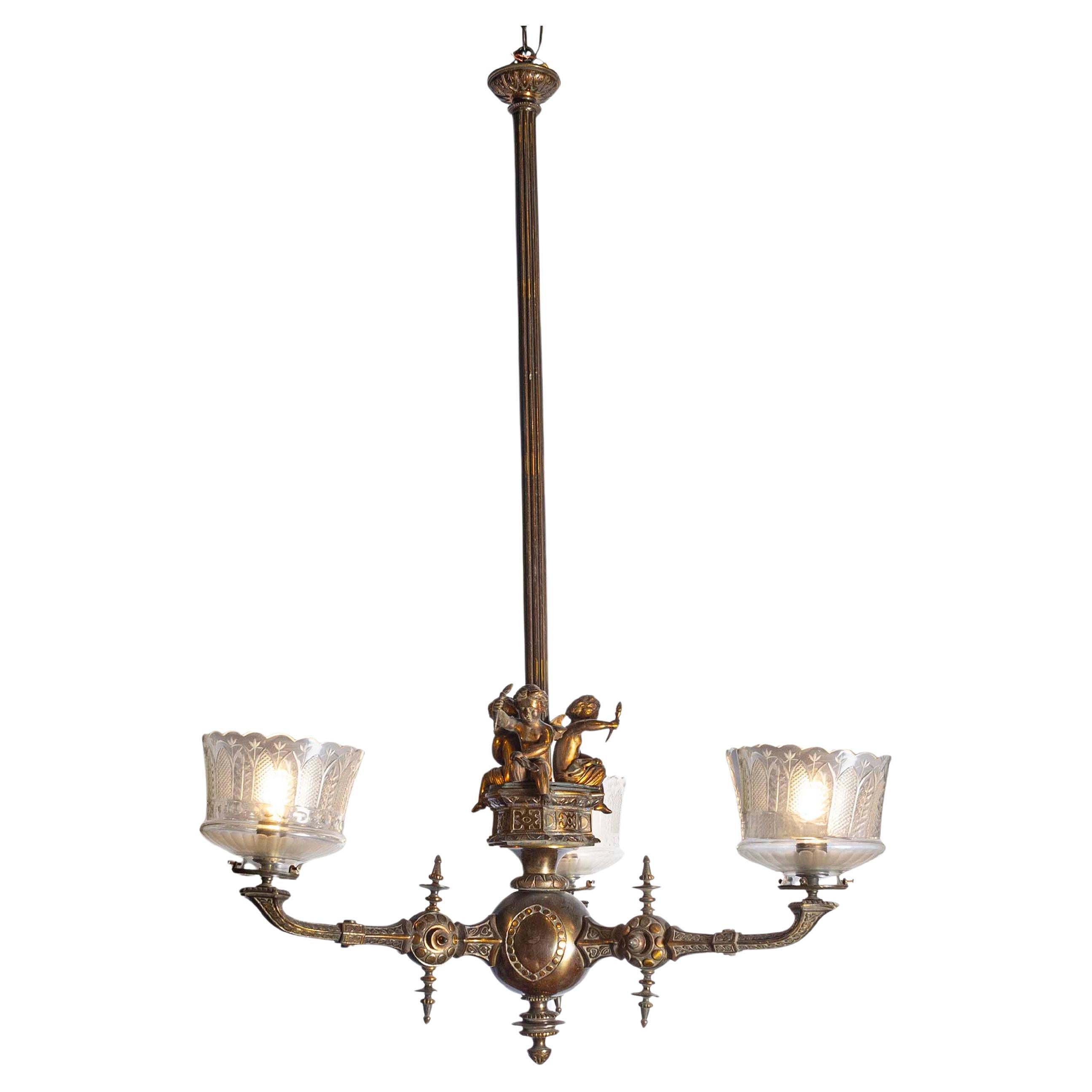 French 19th Century Three-Light Bronze and Baccarat Chandelier with Cherubs