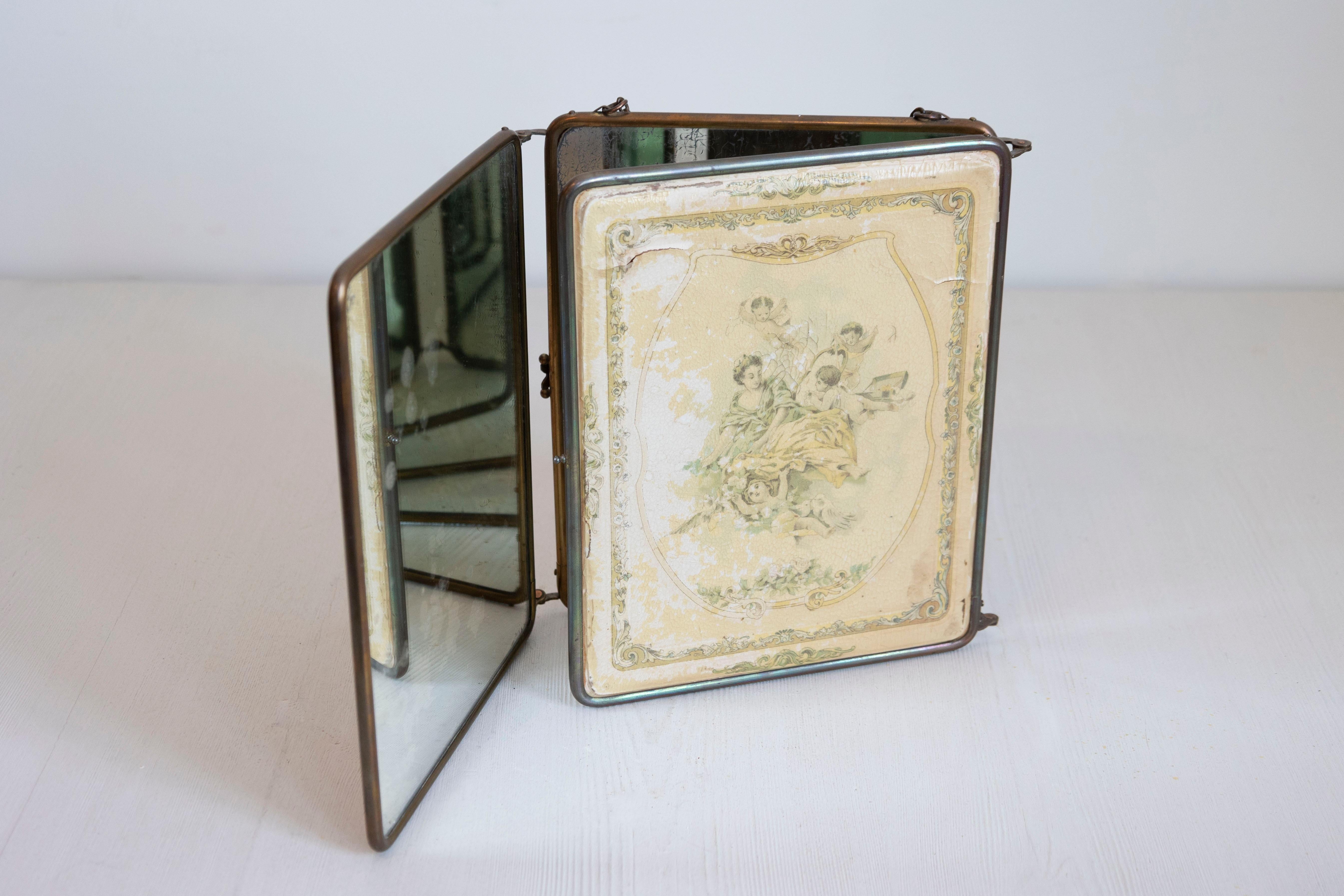 Français Miroir de courtoisie en trois parties du 19e siècle avec scènes de style rococo en vente