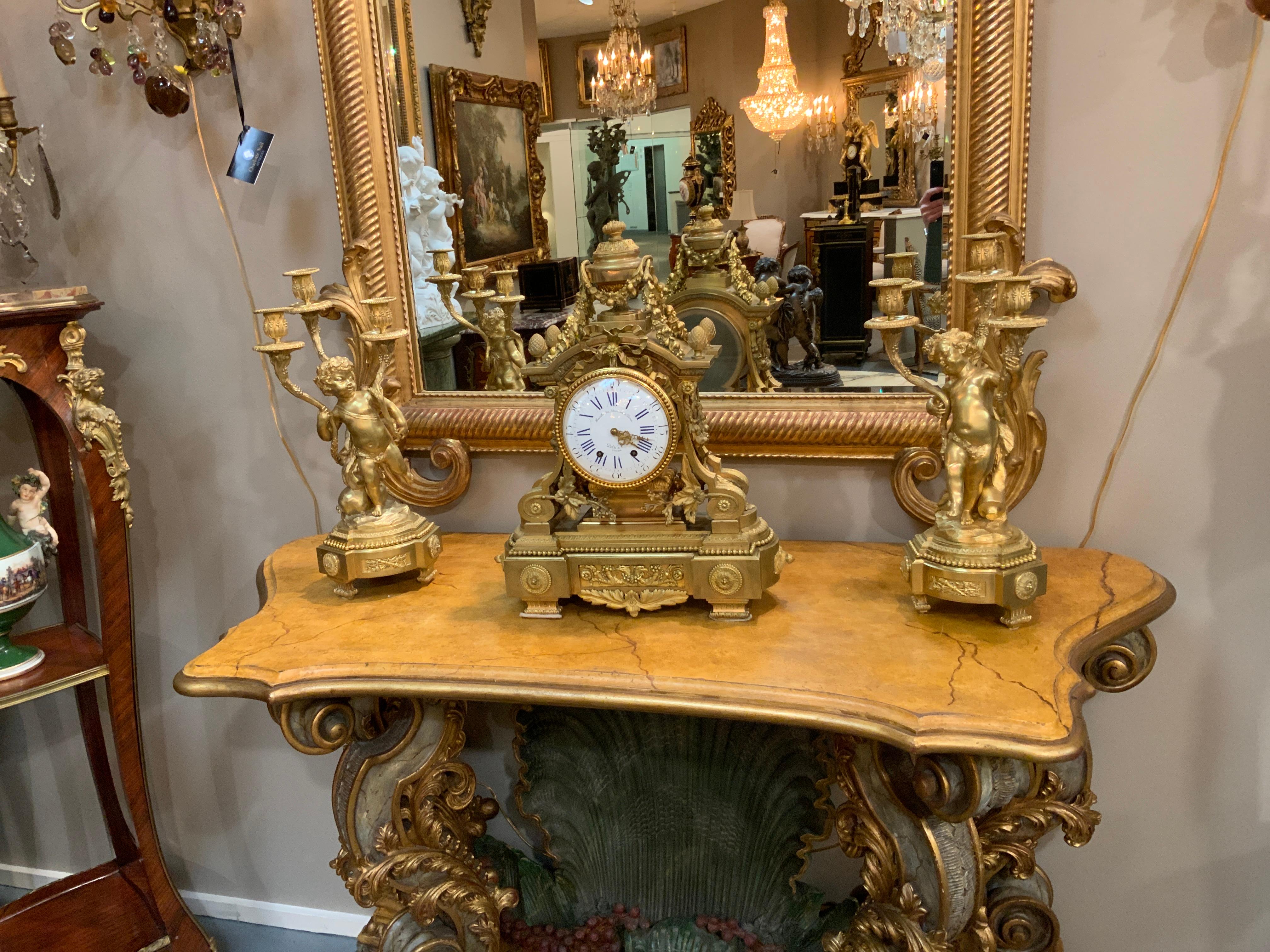 French 19th Century Three-Piece Bronze Dore Garniture Clock Set For Sale 6