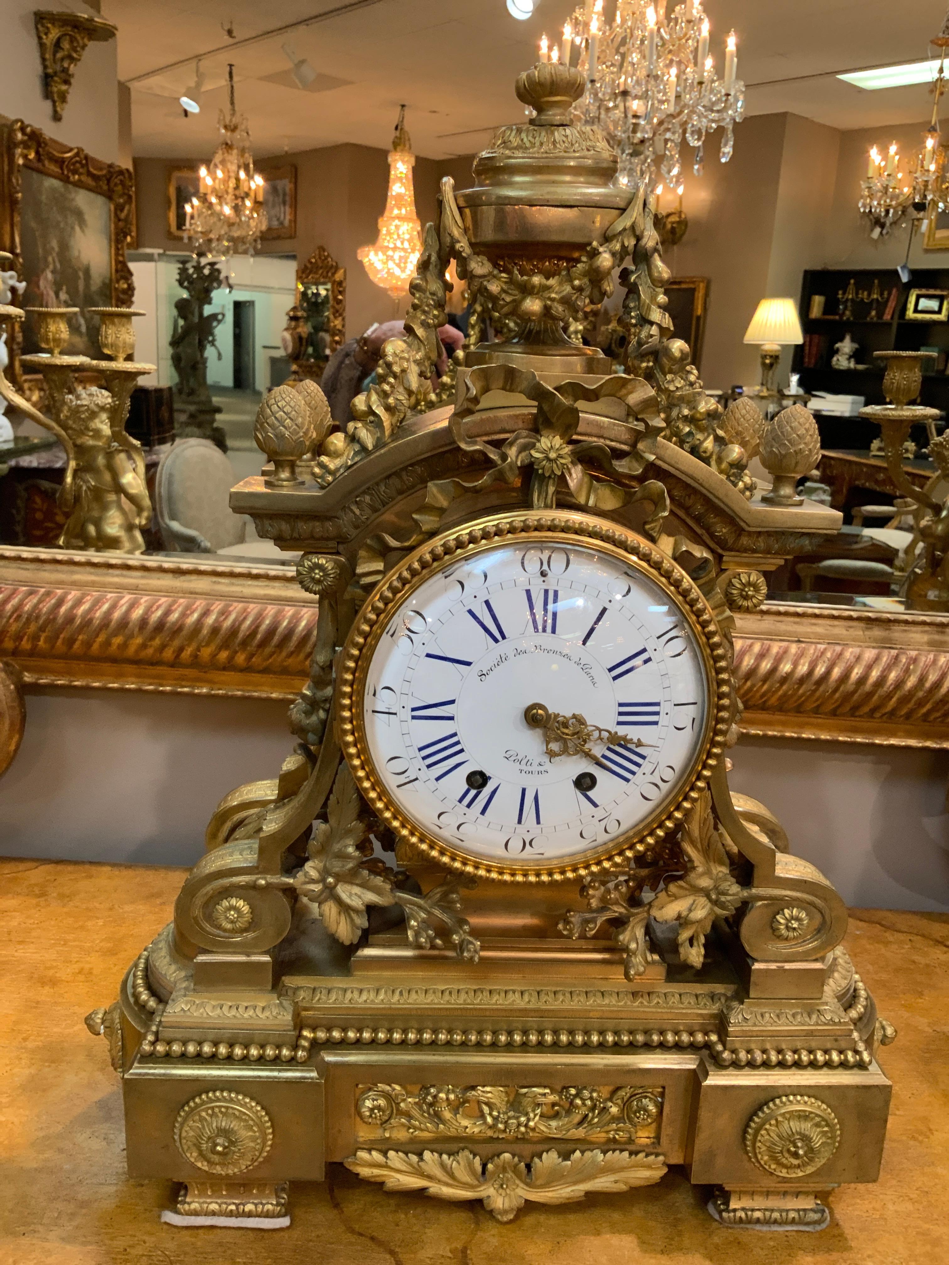 French 19th Century Three-Piece Bronze Dore Garniture Clock Set For Sale 7