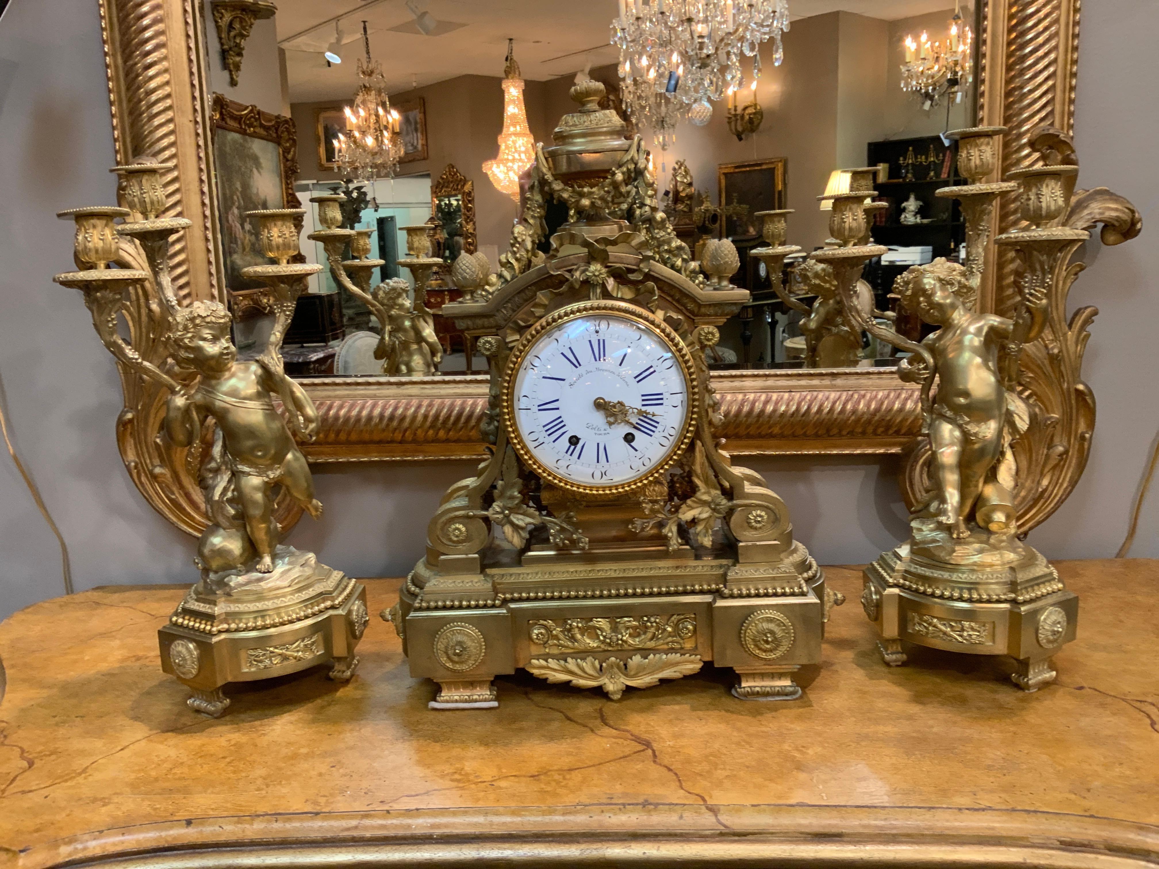 French 19th Century Three-Piece Bronze Dore Garniture Clock Set For Sale 8