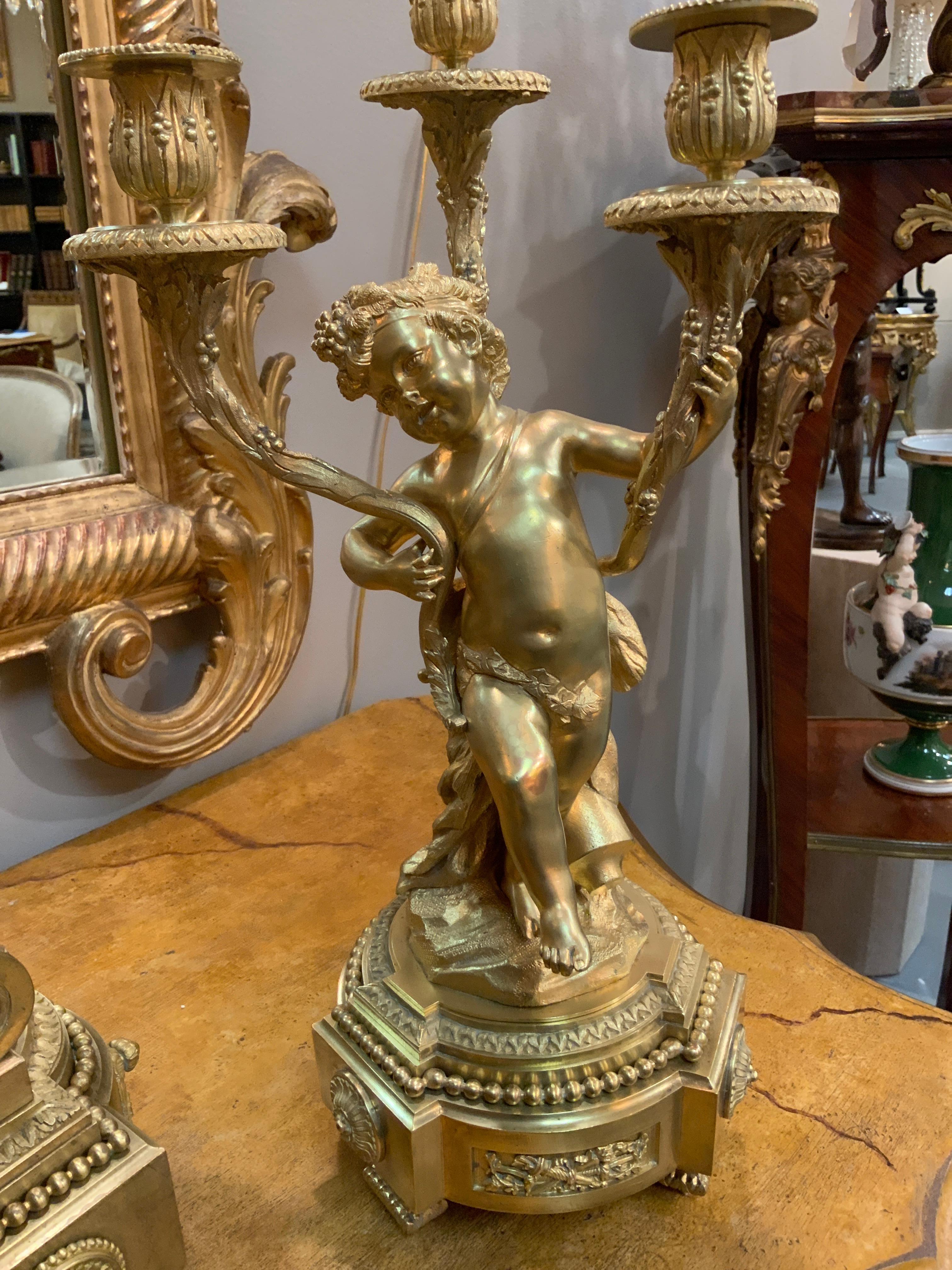 French 19th Century Three-Piece Bronze Dore Garniture Clock Set For Sale 9