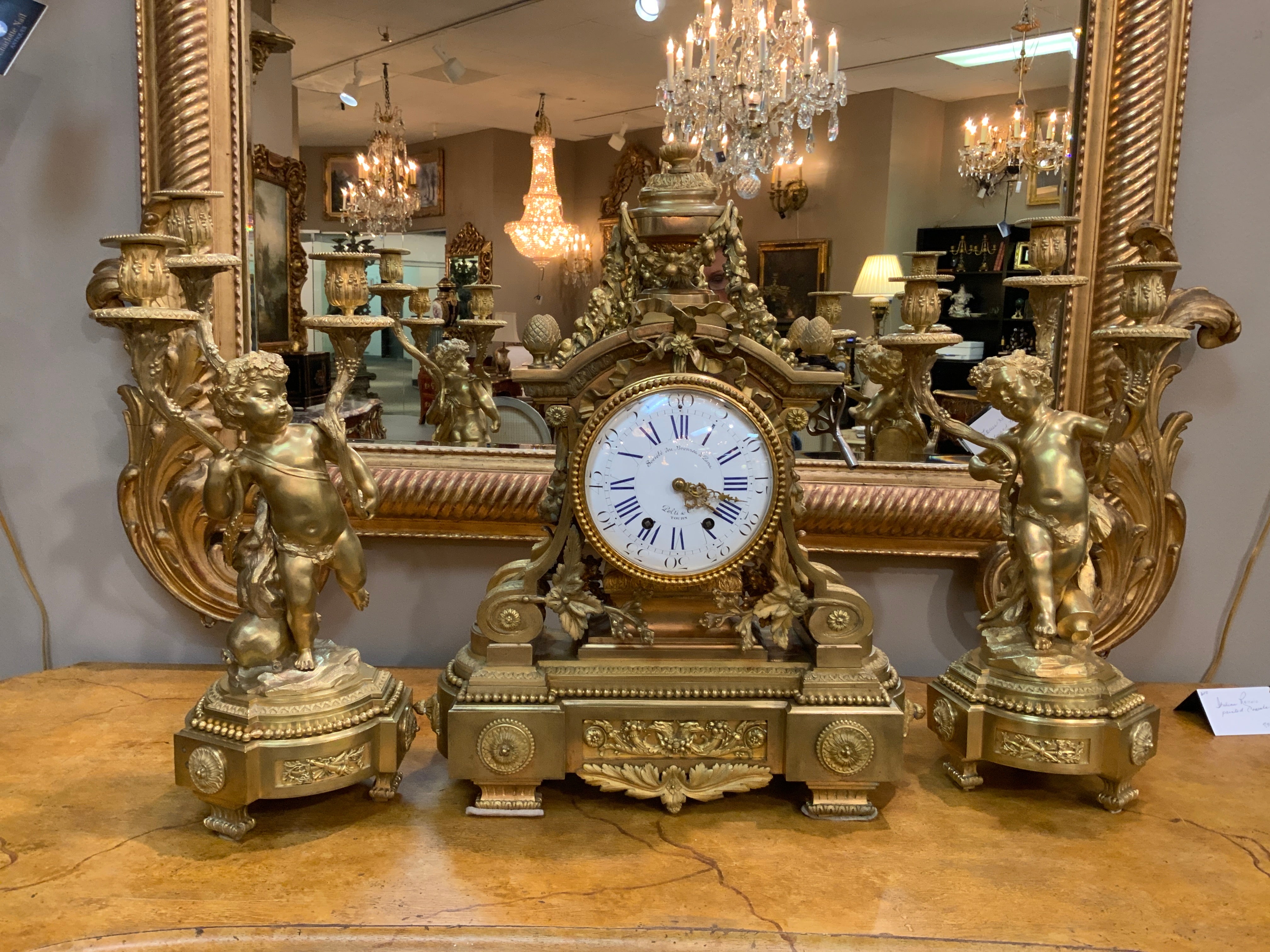 French 19th Century Three-Piece Bronze Dore Garniture Clock Set