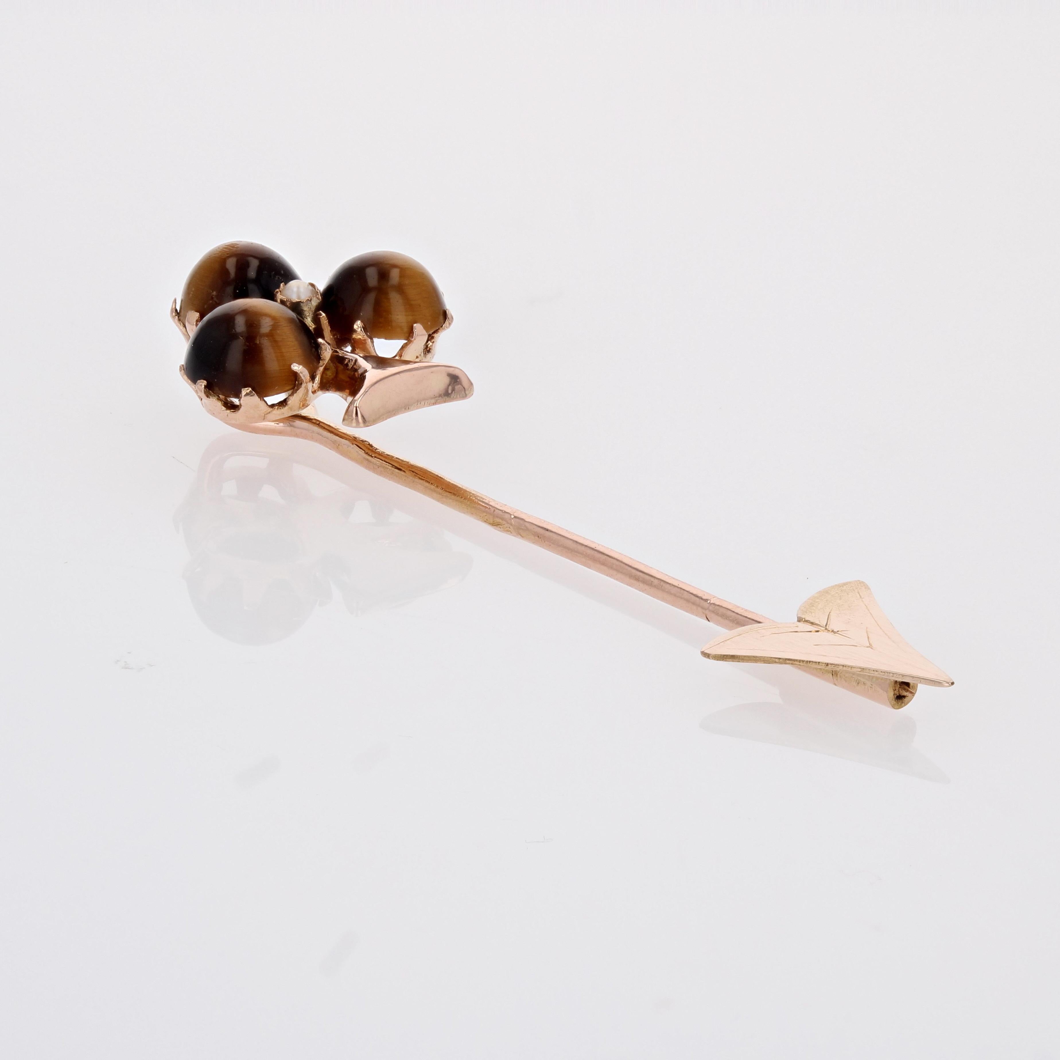 French 19th Century Tiger Eye Fine Pearl Rose Gold Clover Pin Brooch For Sale 7