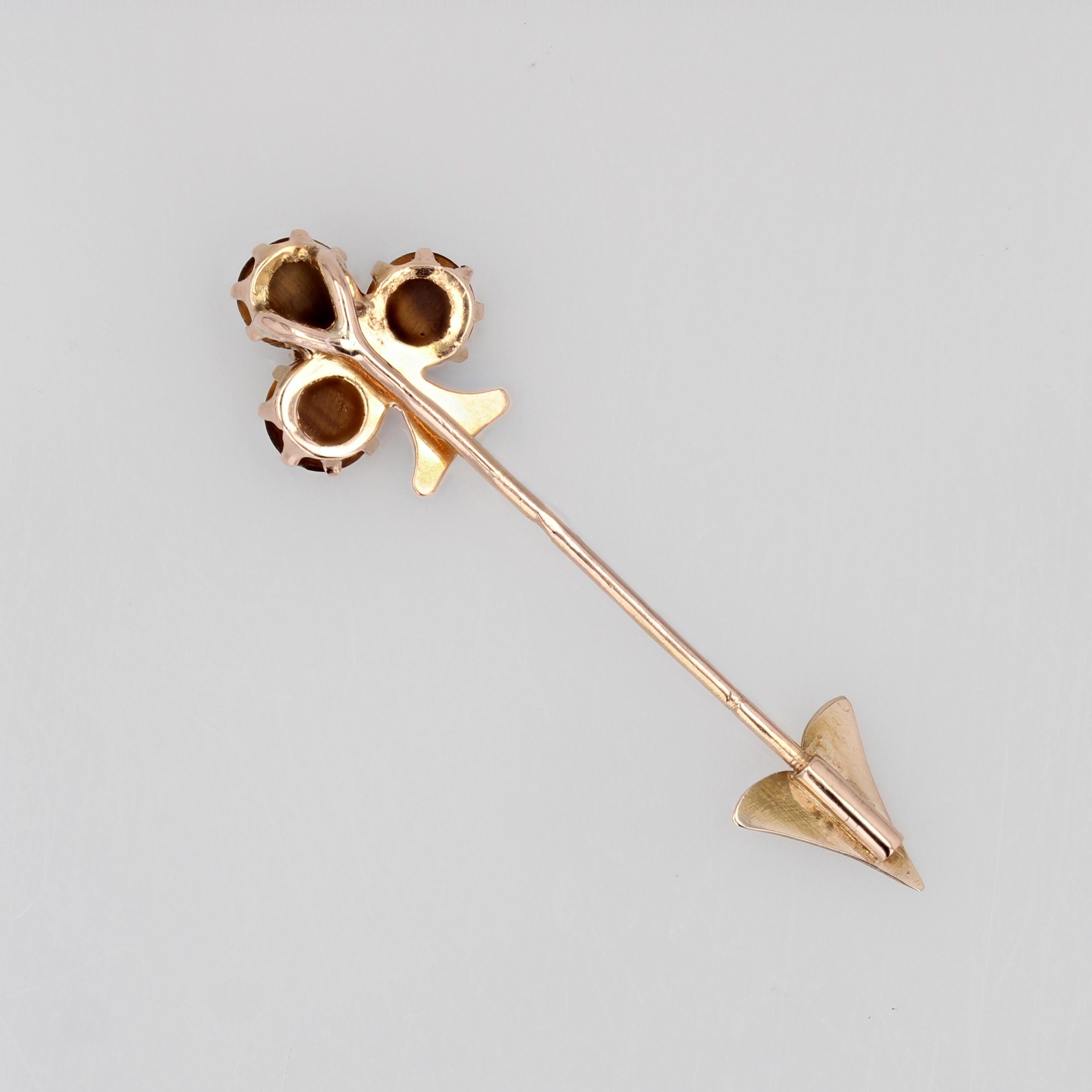 French 19th Century Tiger Eye Fine Pearl Rose Gold Clover Pin Brooch For Sale 8