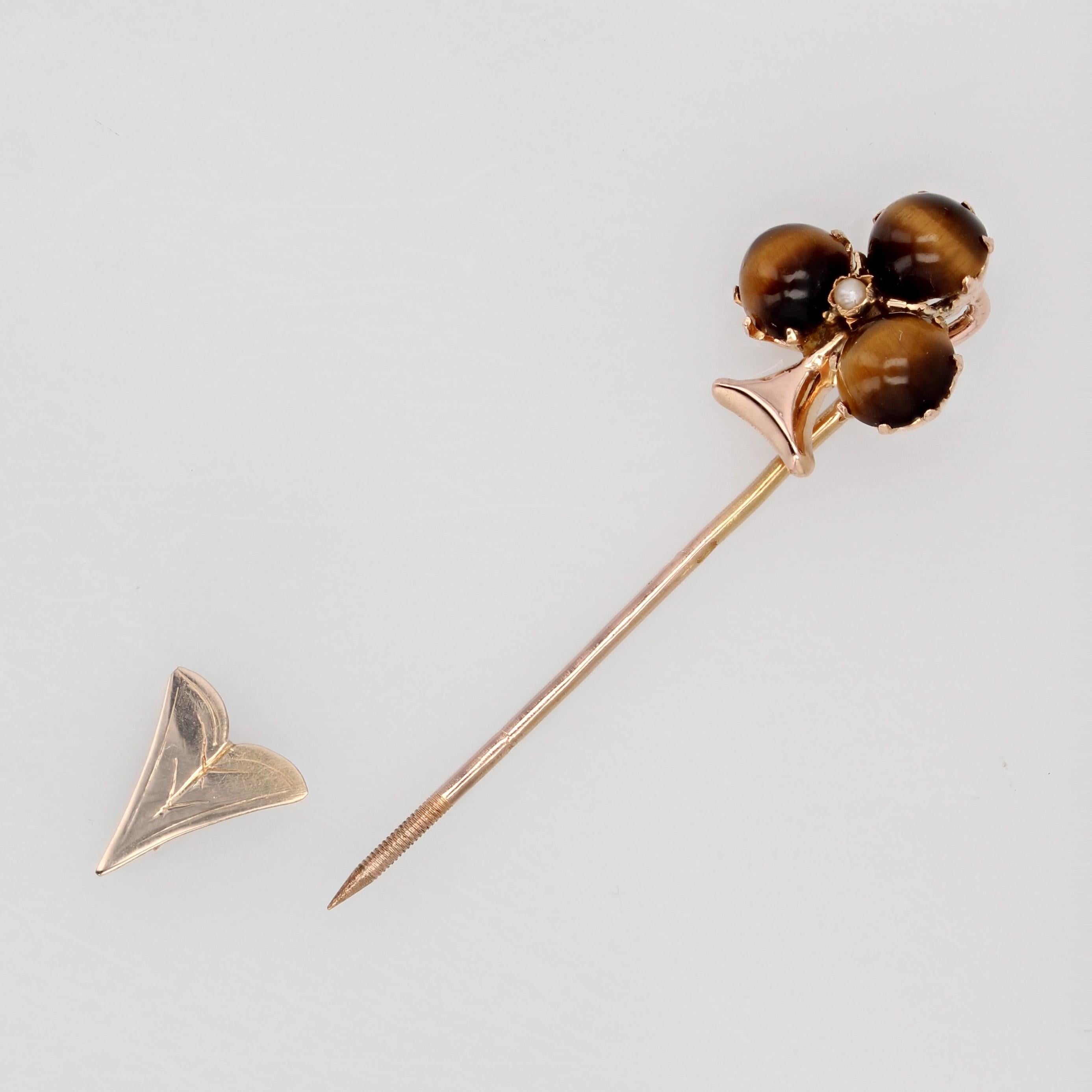 Cabochon French 19th Century Tiger Eye Fine Pearl Rose Gold Clover Pin Brooch For Sale