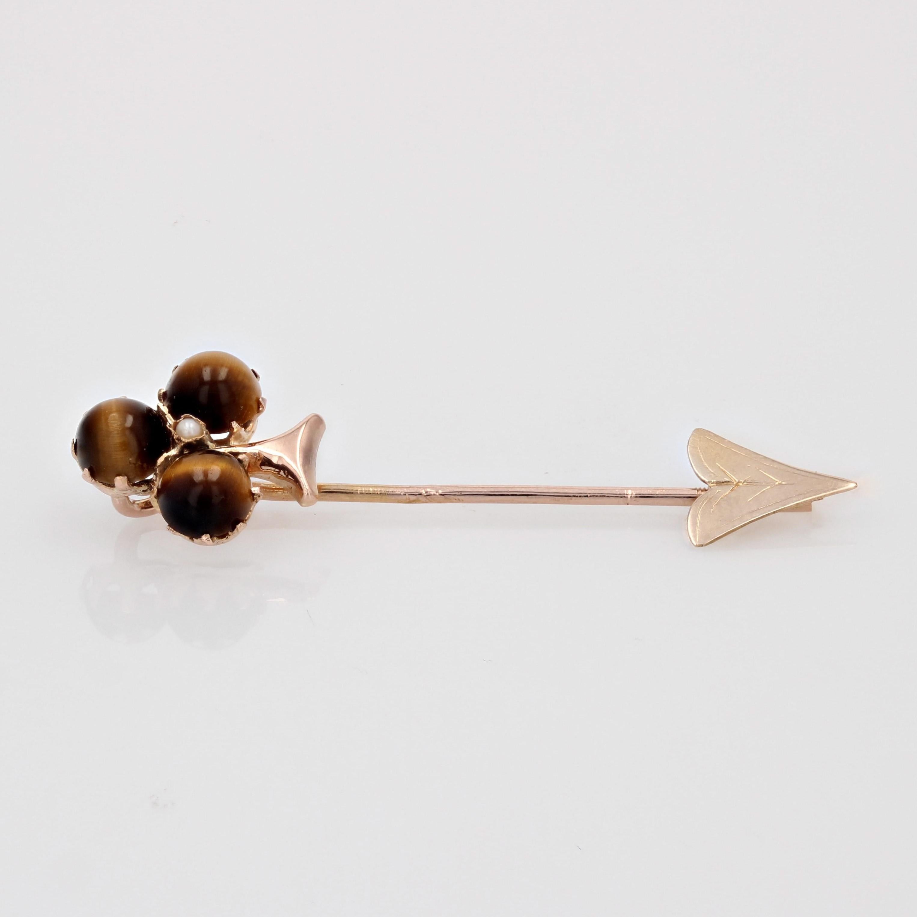 French 19th Century Tiger Eye Fine Pearl Rose Gold Clover Pin Brooch In Good Condition For Sale In Poitiers, FR