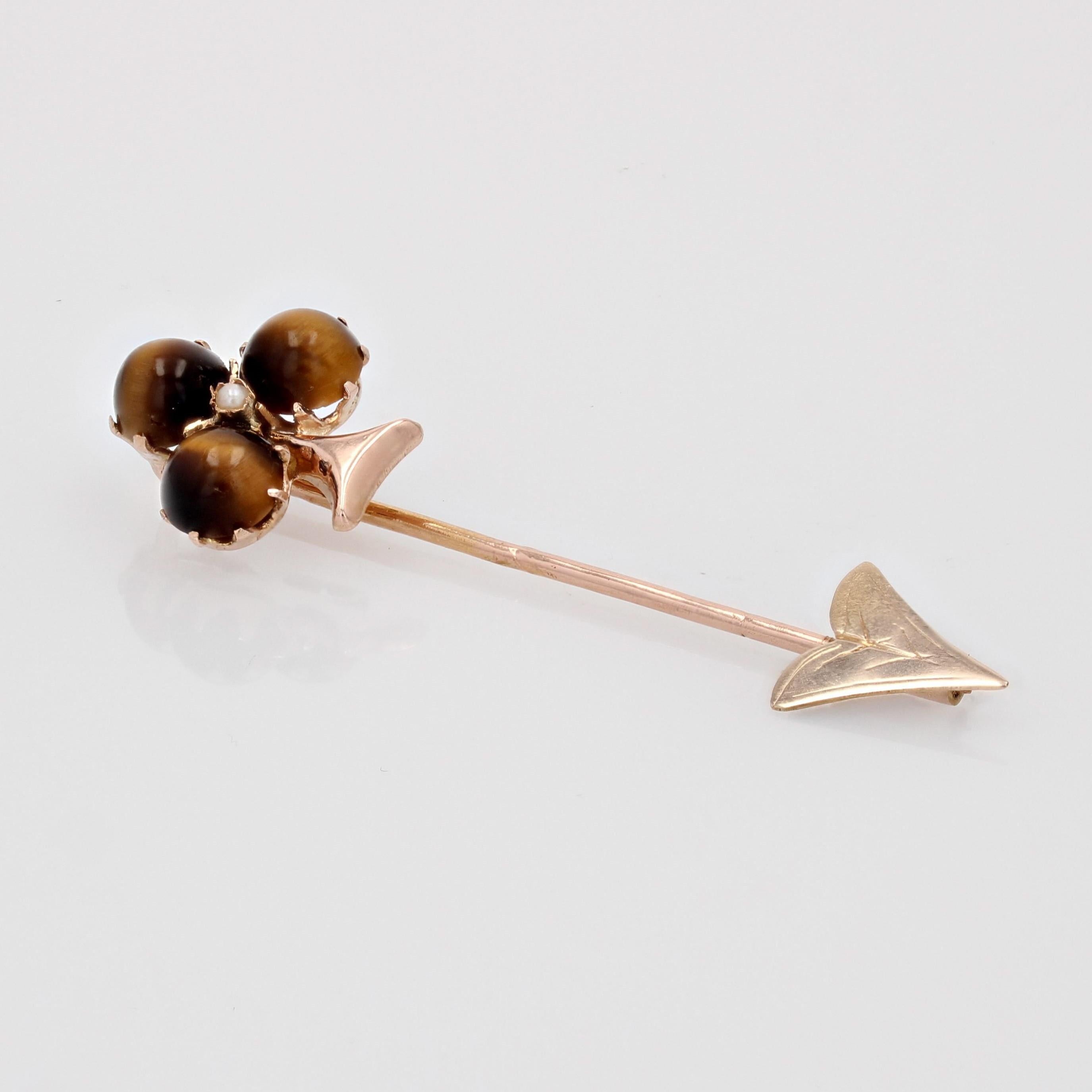 Women's French 19th Century Tiger Eye Fine Pearl Rose Gold Clover Pin Brooch For Sale