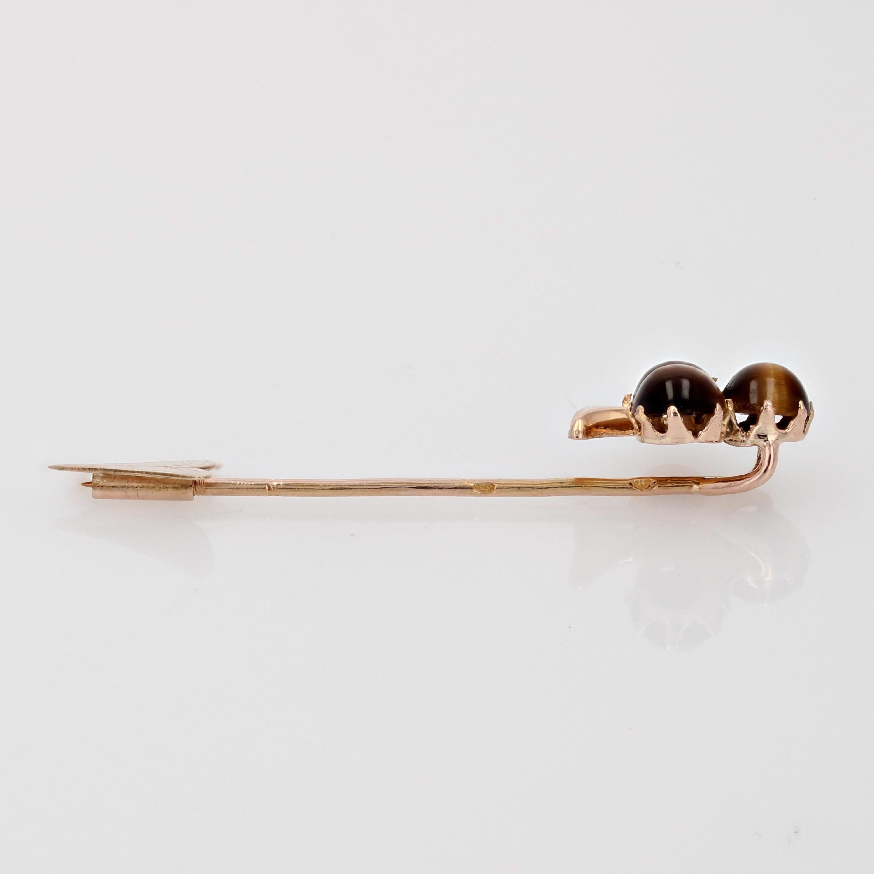 French 19th Century Tiger Eye Fine Pearl Rose Gold Clover Pin Brooch For Sale 1