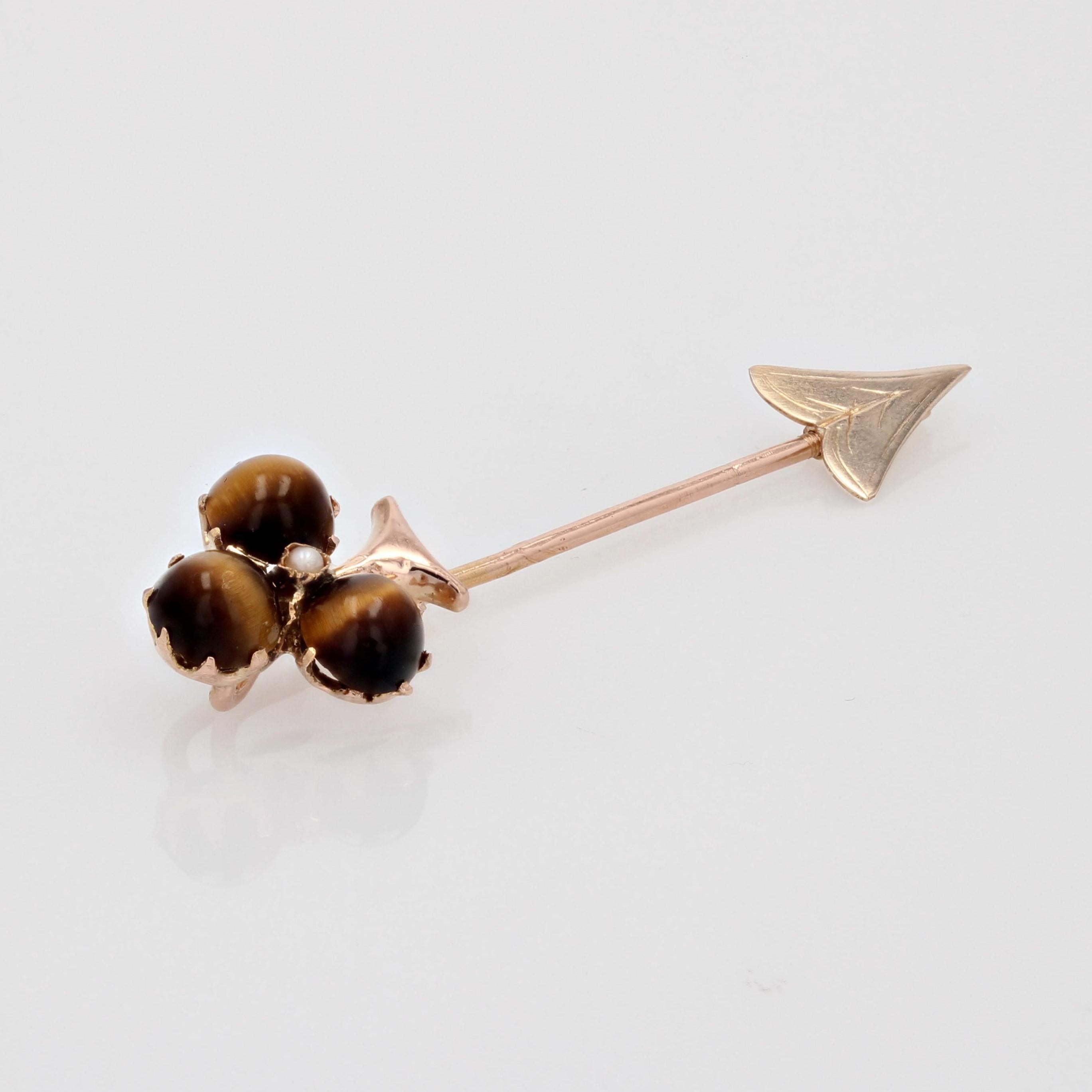French 19th Century Tiger Eye Fine Pearl Rose Gold Clover Pin Brooch For Sale 2