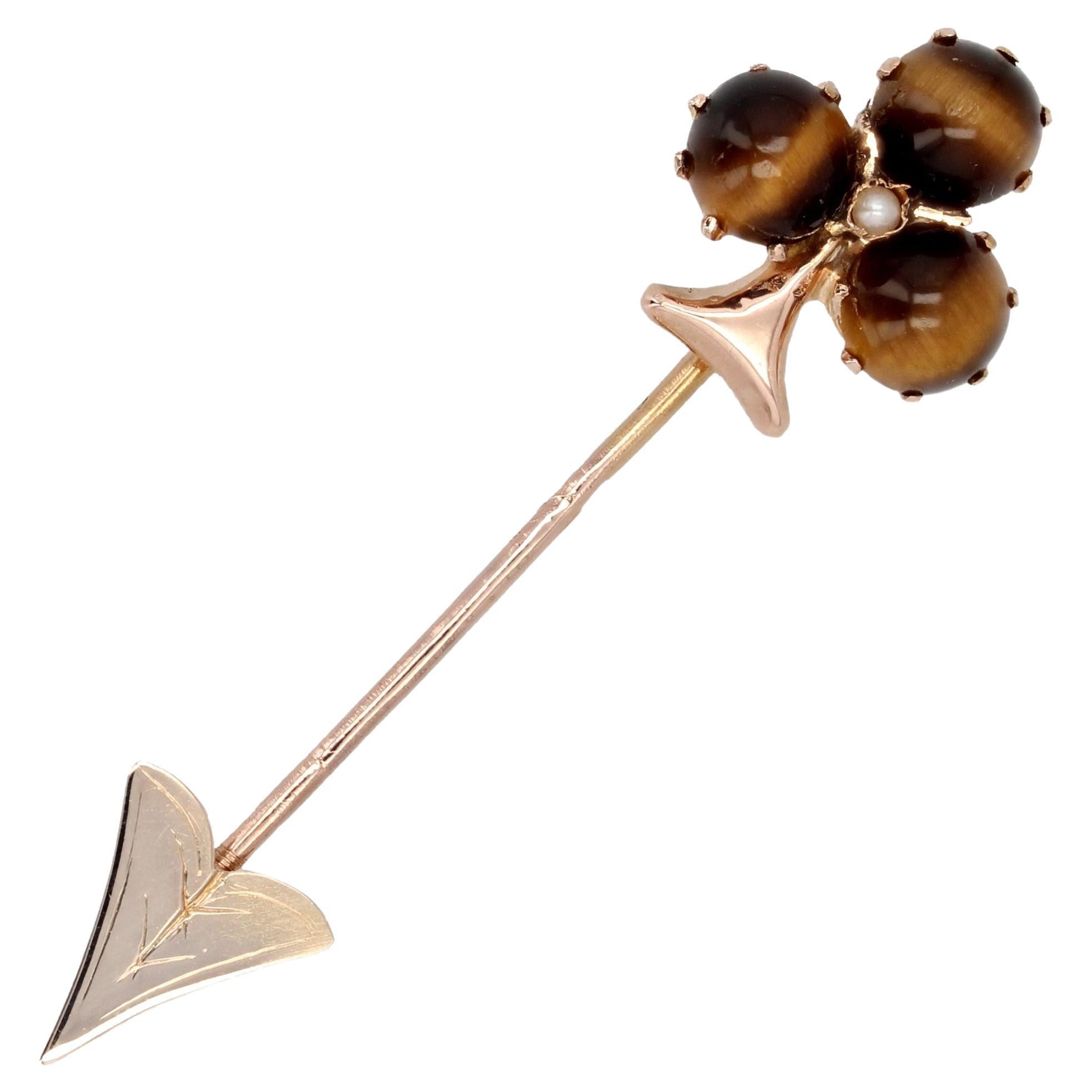 French 19th Century Tiger Eye Fine Pearl Rose Gold Clover Pin Brooch For Sale
