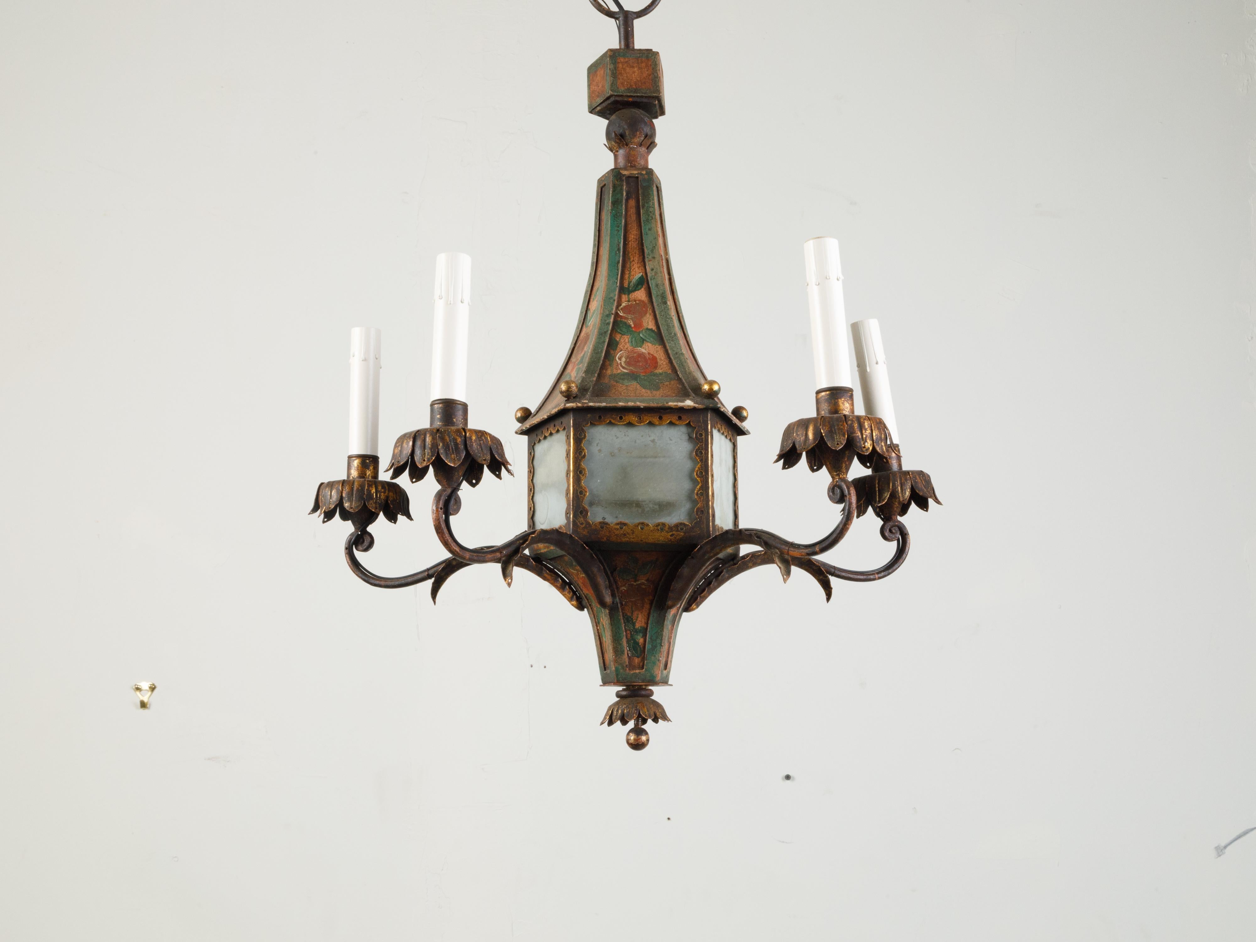 French 19th Century Tôle Chandelier with Five Lights and Painted Floral Décor 5