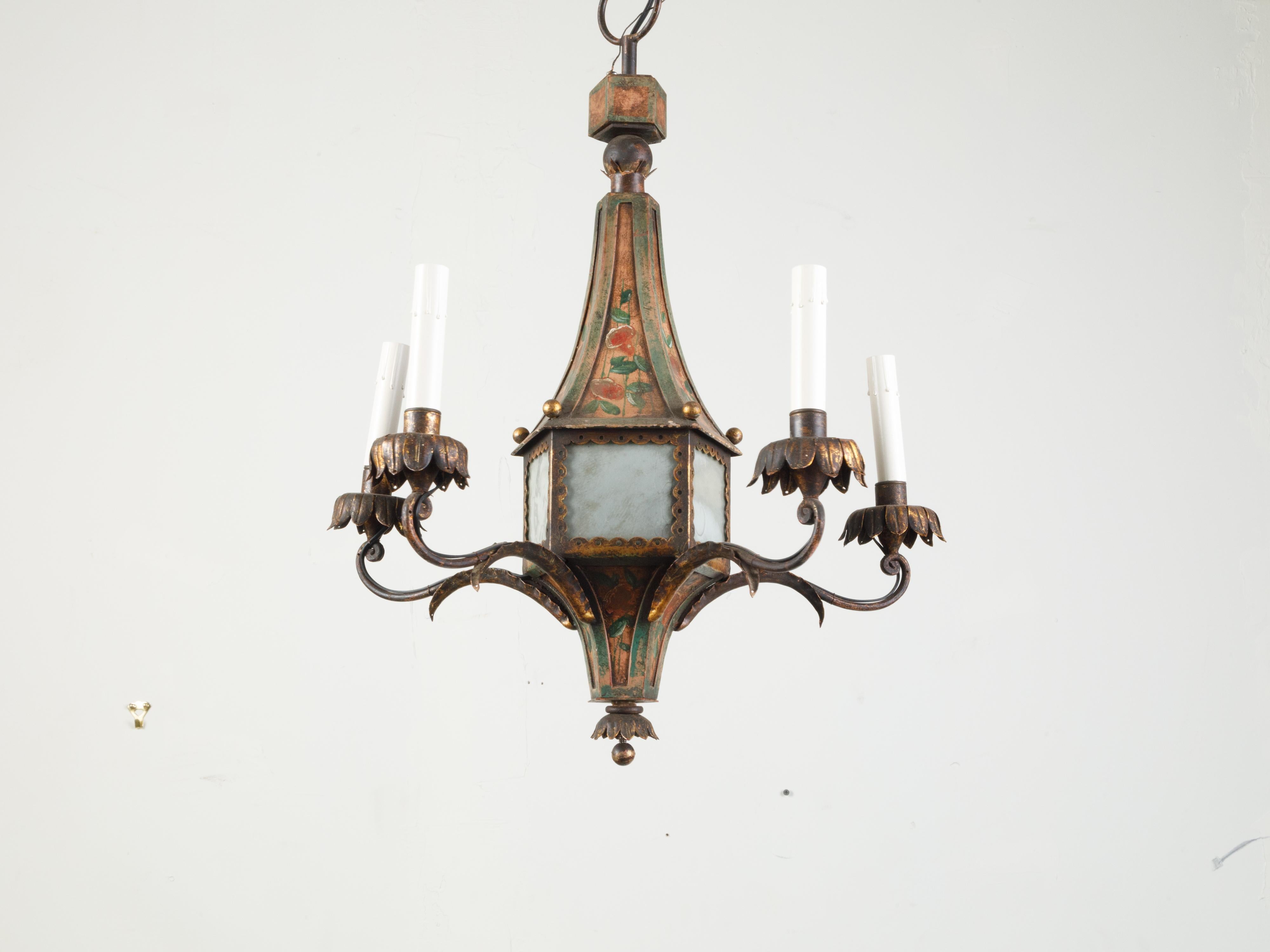 French 19th Century Tôle Chandelier with Five Lights and Painted Floral Décor 6