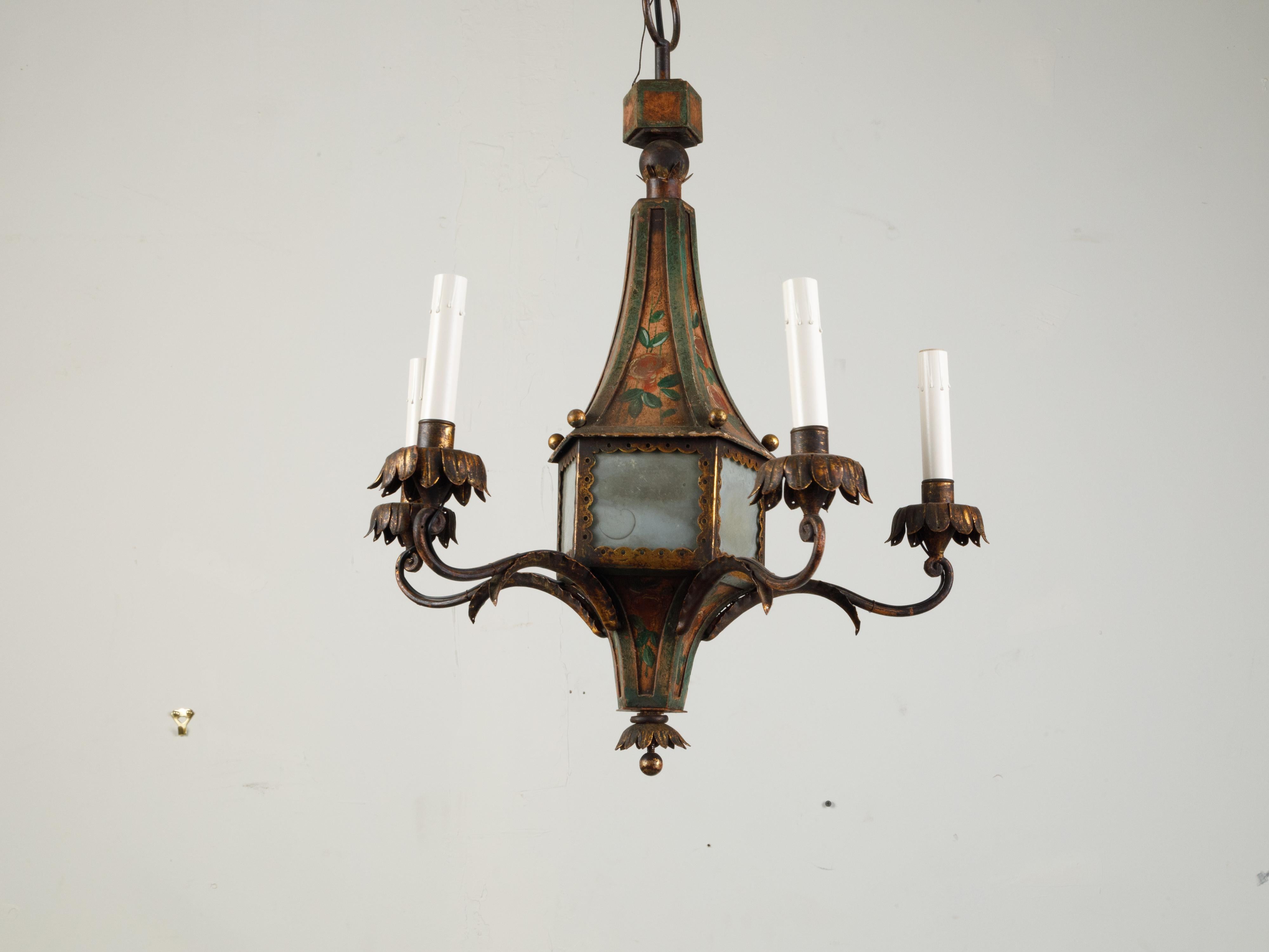 French 19th Century Tôle Chandelier with Five Lights and Painted Floral Décor 7