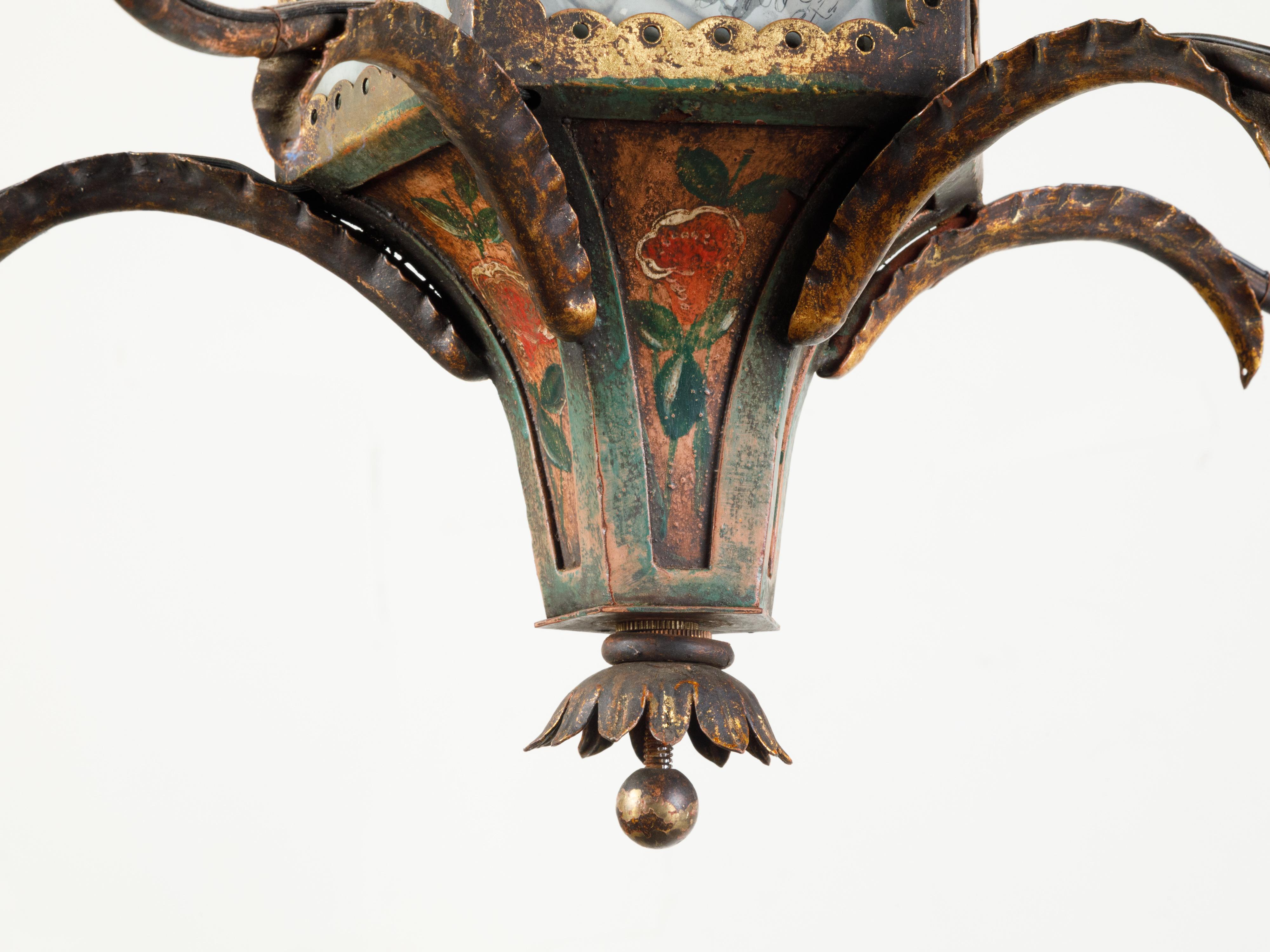Frosted French 19th Century Tôle Chandelier with Five Lights and Painted Floral Décor