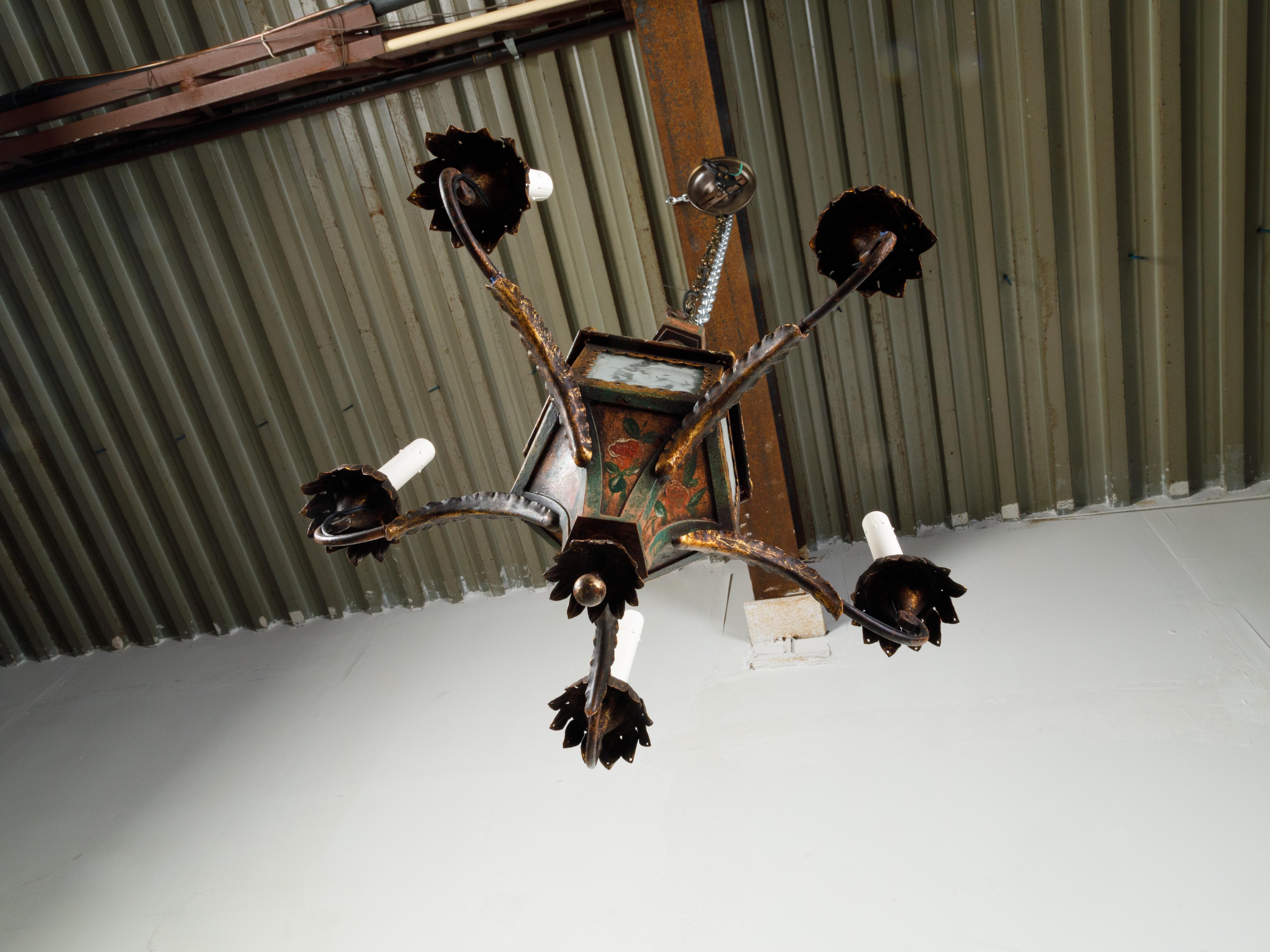 French 19th Century Tôle Chandelier with Five Lights and Painted Floral Décor 3
