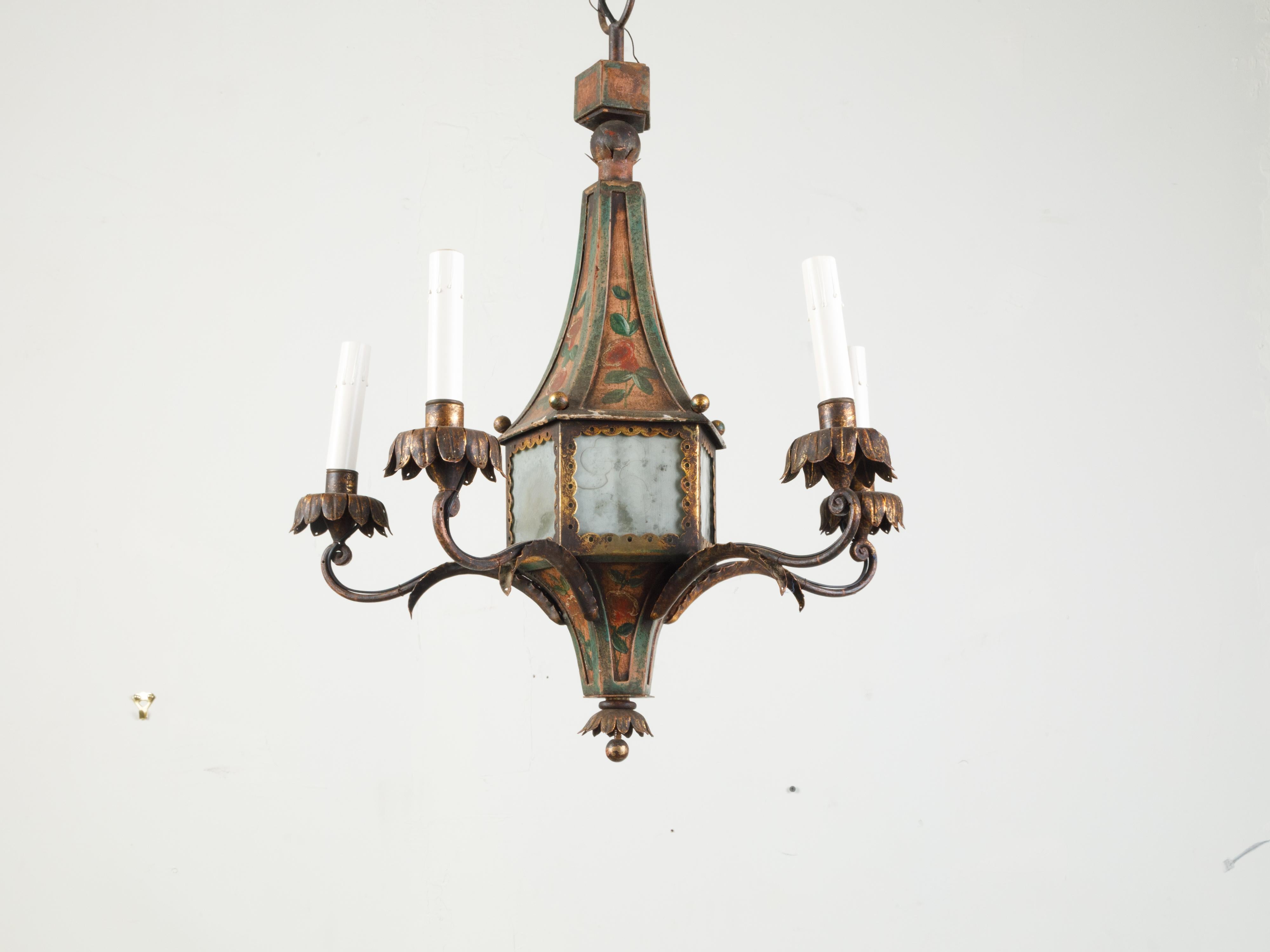 French 19th Century Tôle Chandelier with Five Lights and Painted Floral Décor 4