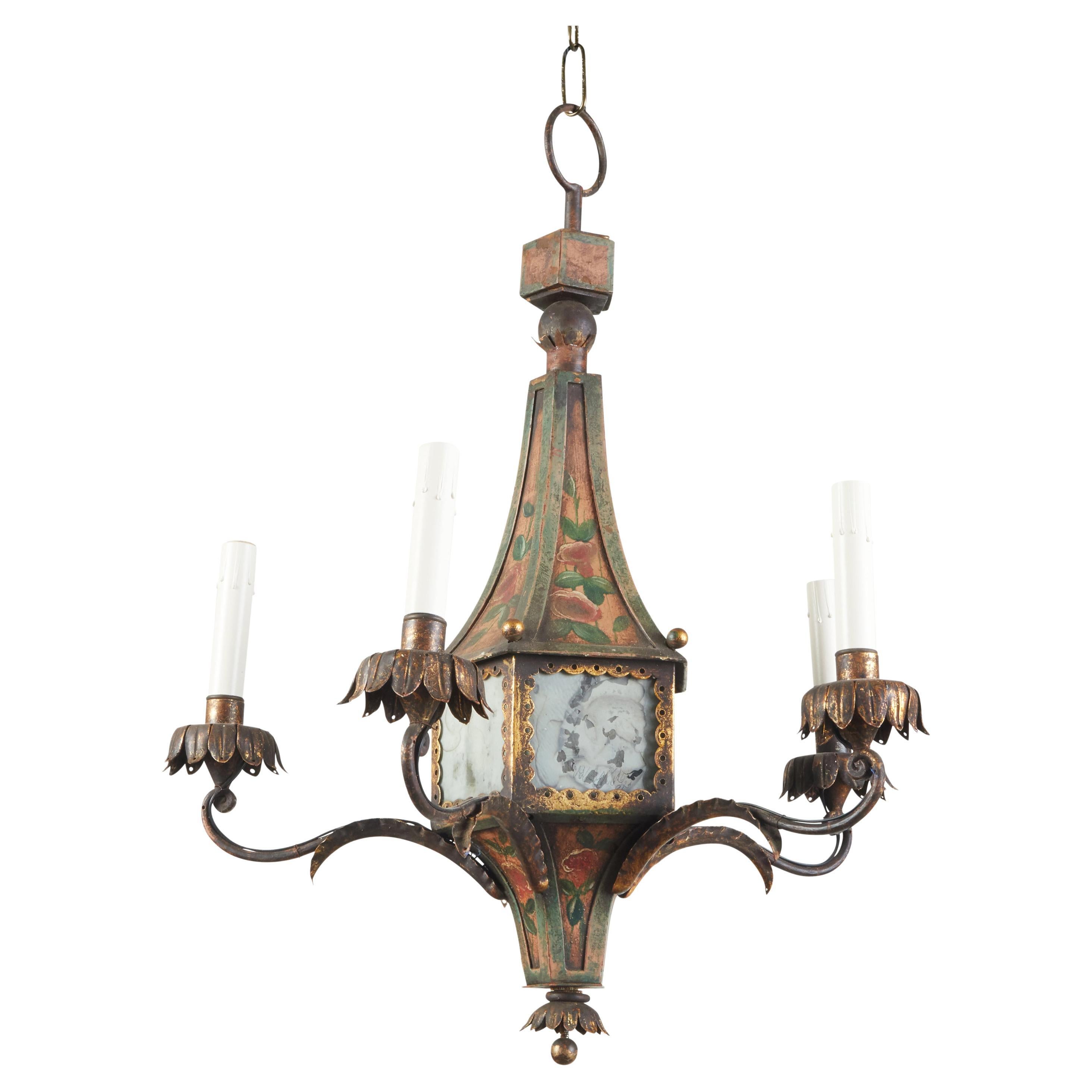 French 19th Century Tôle Chandelier with Five Lights and Painted Floral Décor
