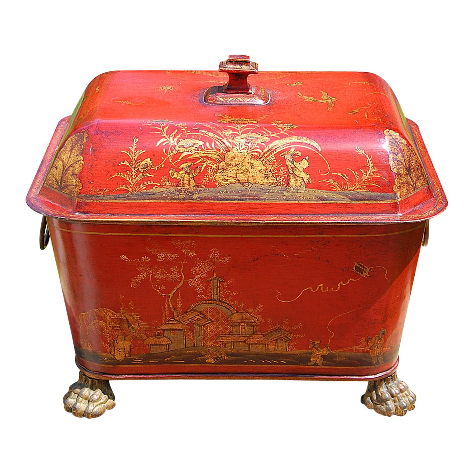 French 19th Century Tole Coal Bin with Chinoiserie Decoration