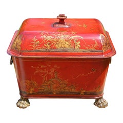 Antique French 19th Century Tole Coal Bin with Chinoiserie Decoration