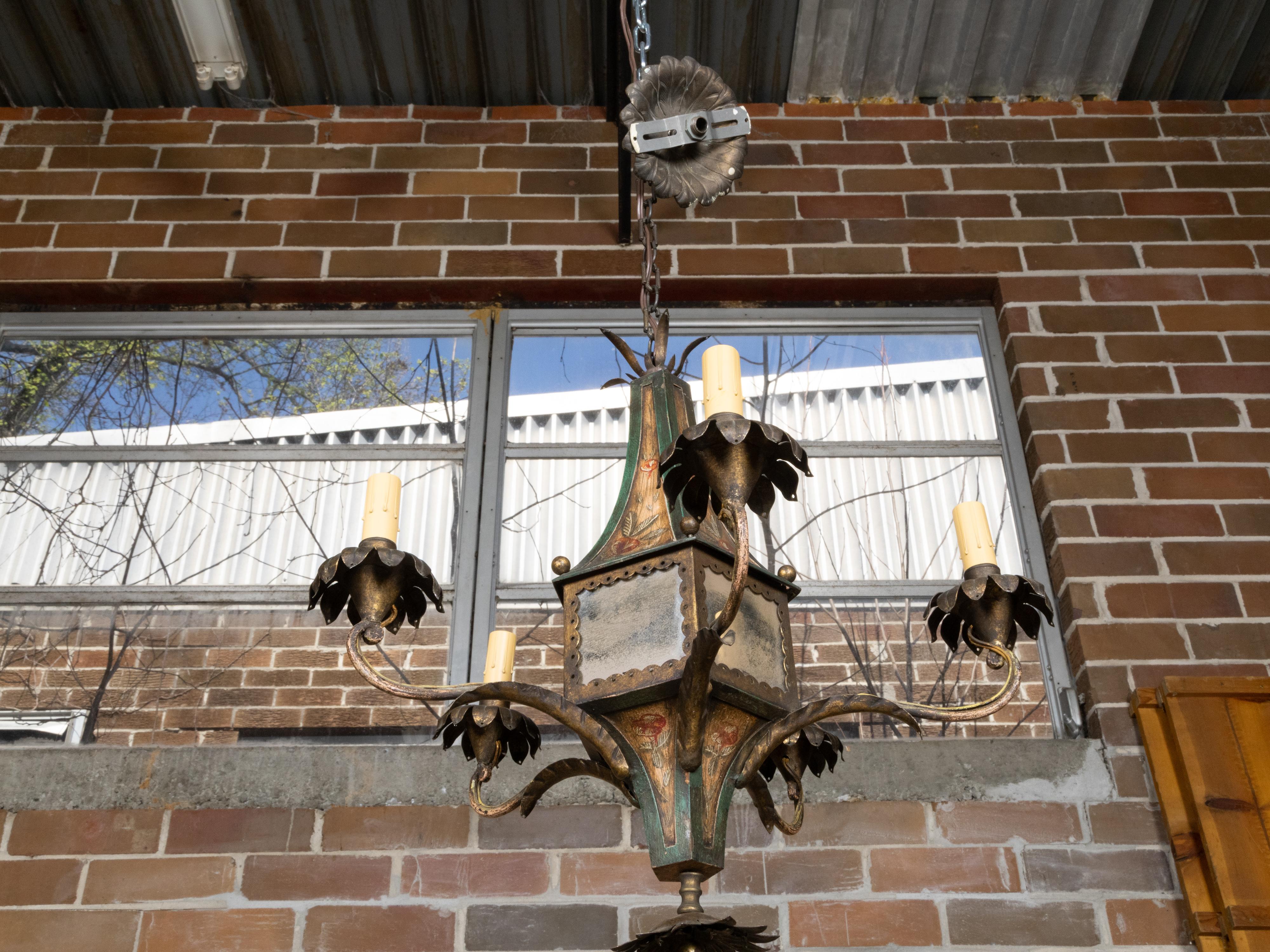 French 19th Century Tôle Five-Light Chandelier with Painted Floral Décor, Wired 8