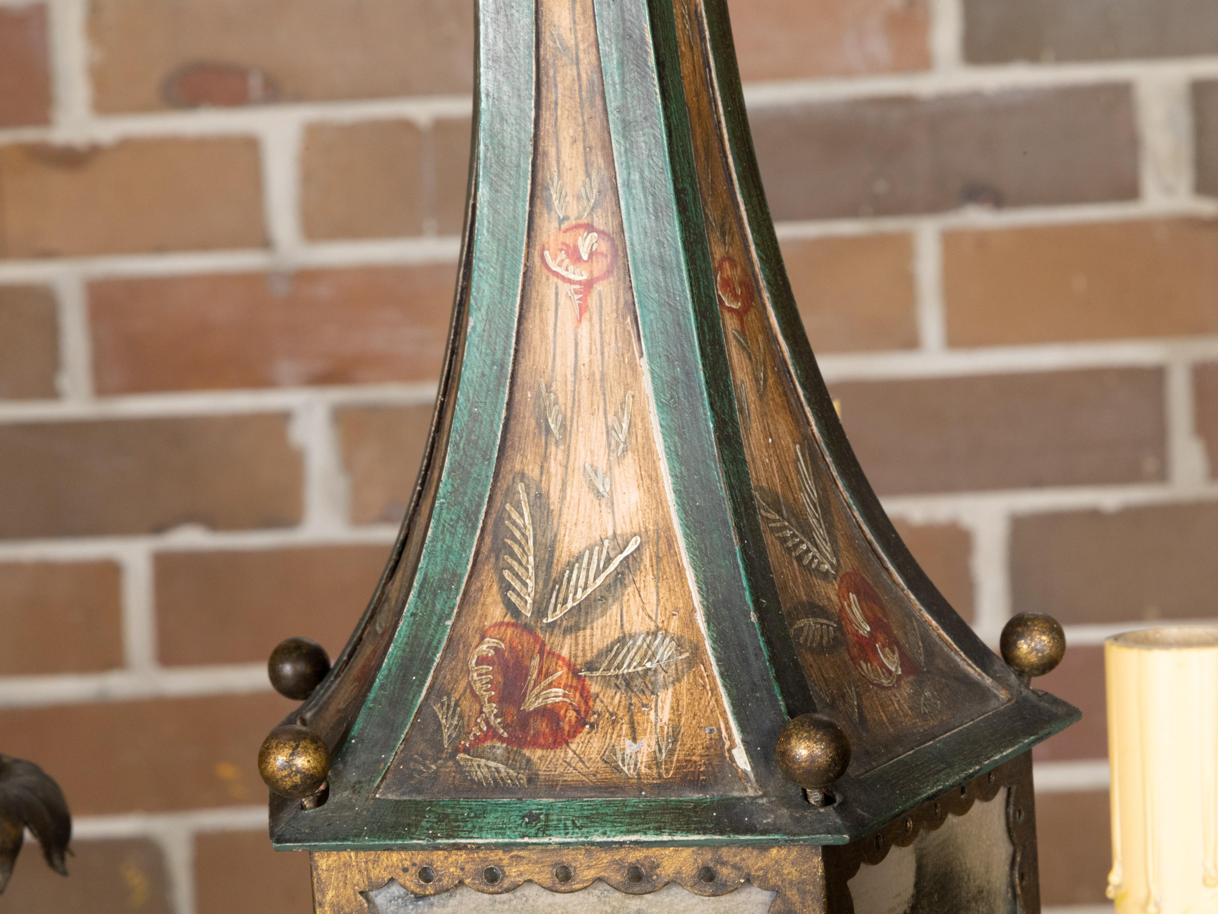 French 19th Century Tôle Five-Light Chandelier with Painted Floral Décor, Wired 12