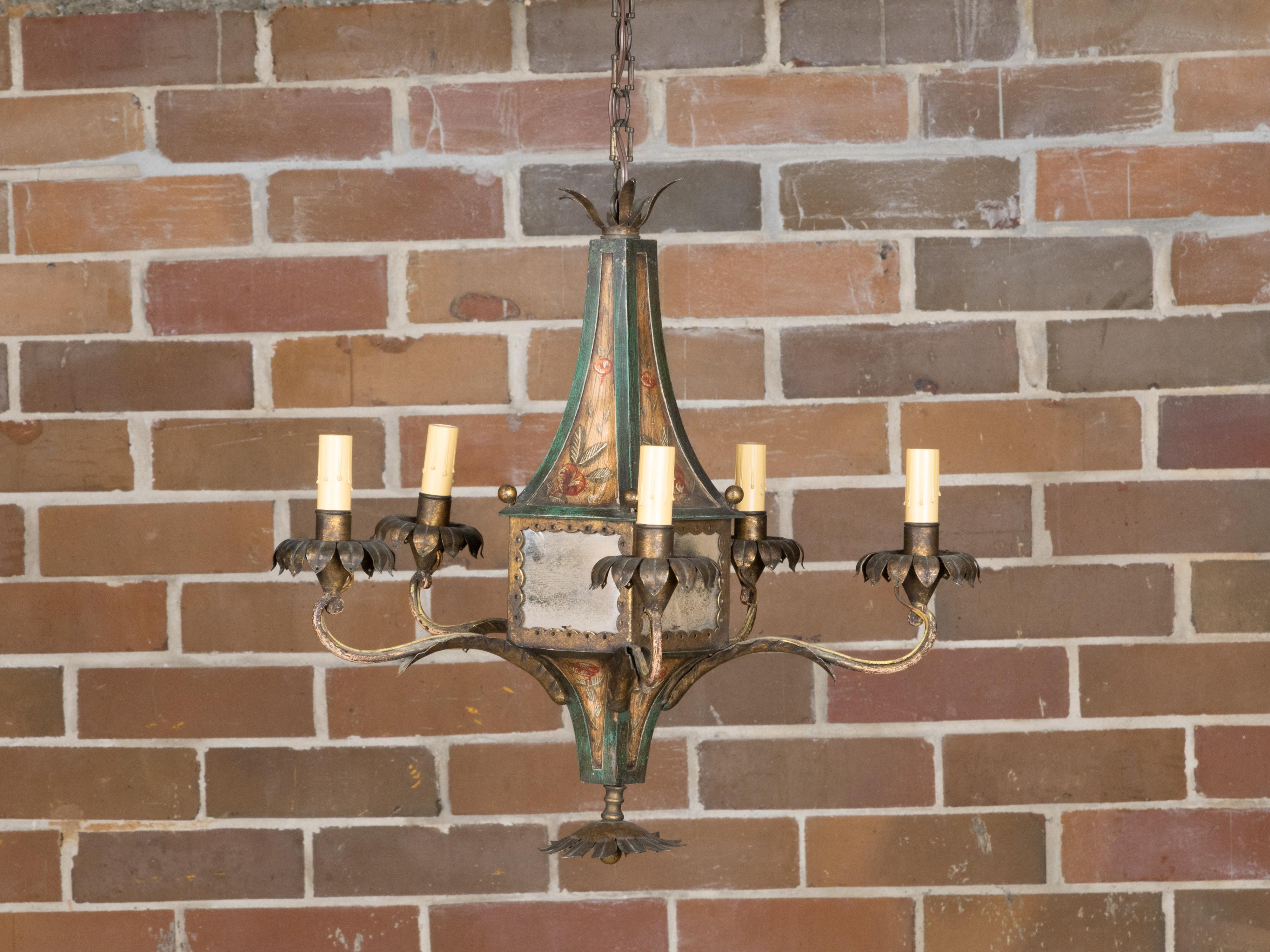 French 19th Century Tôle Five-Light Chandelier with Painted Floral Décor, Wired 13