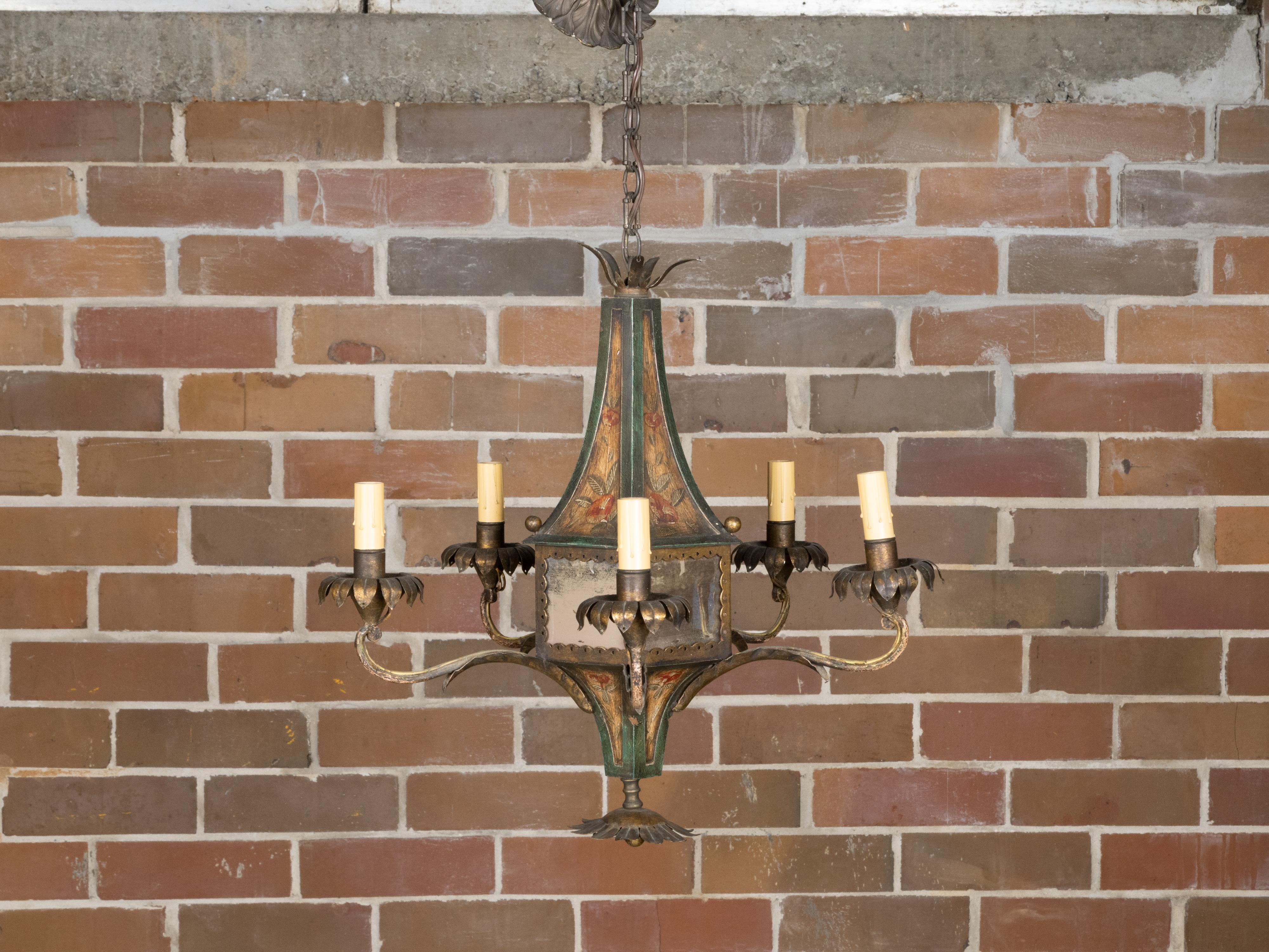 French 19th Century Tôle Five-Light Chandelier with Painted Floral Décor, Wired In Good Condition In Atlanta, GA