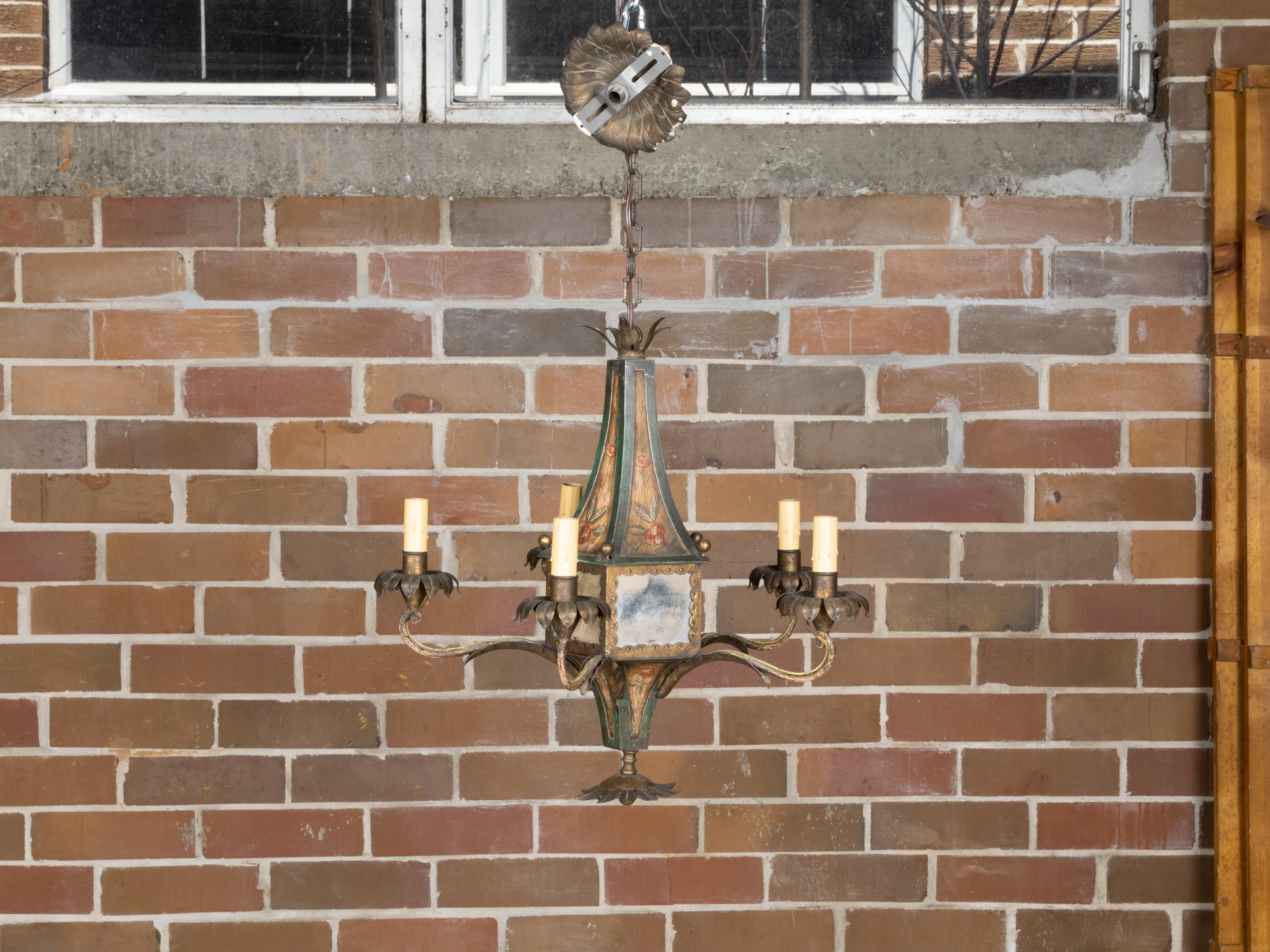 French 19th Century Tôle Five-Light Chandelier with Painted Floral Décor, Wired 1