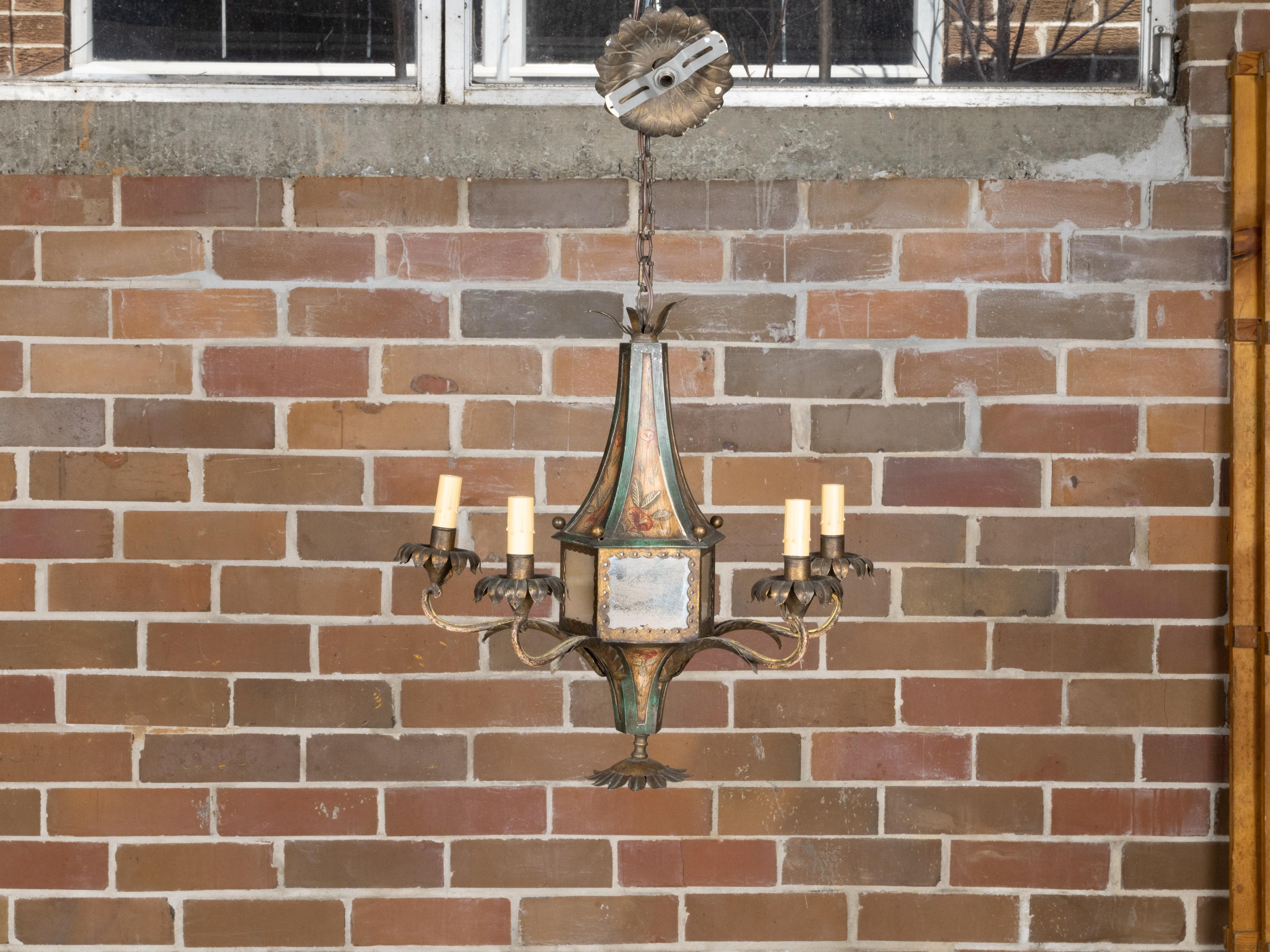 French 19th Century Tôle Five-Light Chandelier with Painted Floral Décor, Wired 2