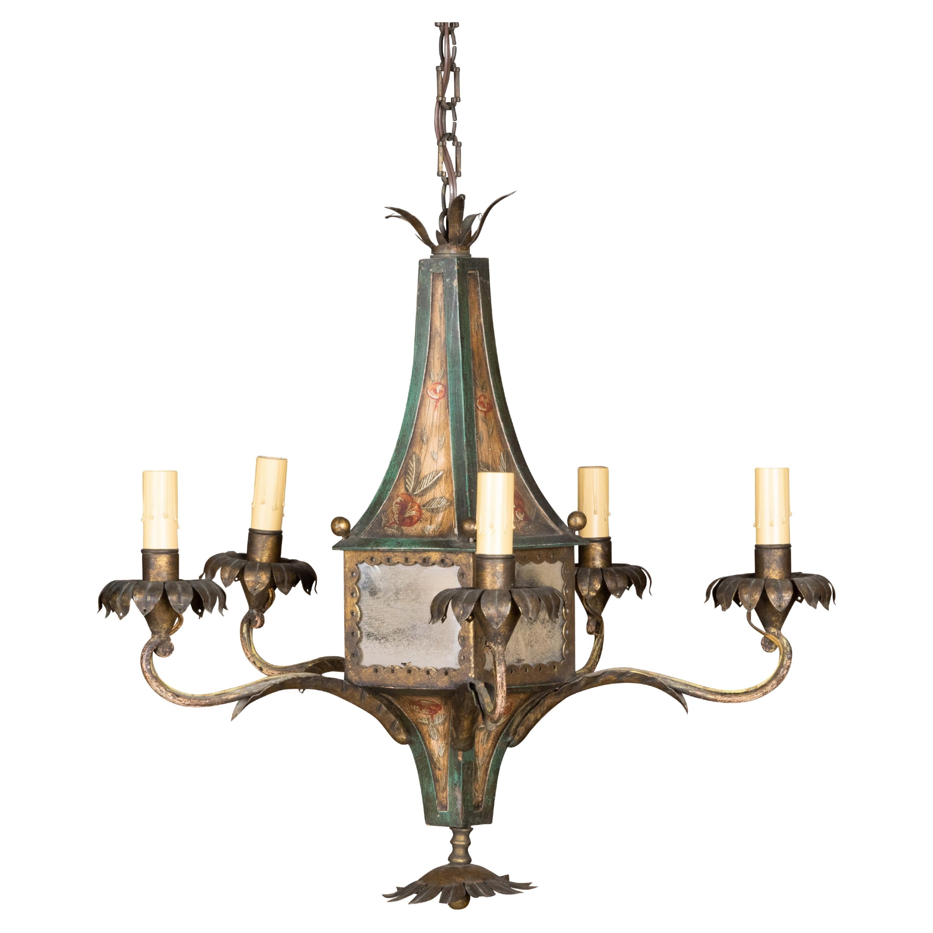 French 19th Century Tôle Five-Light Chandelier with Painted Floral D�écor, Wired
