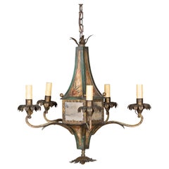 French 19th Century Tôle Five-Light Chandelier with Painted Floral Décor, Wired