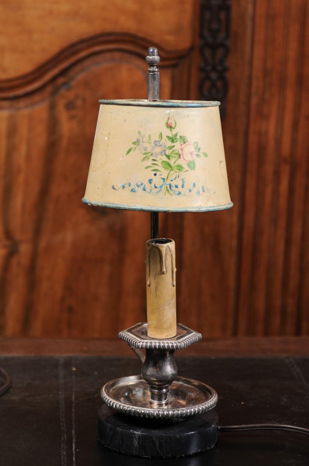 French 19th Century Tôle Lamp with Original Hand-Painted Floral Themed Shade For Sale 1