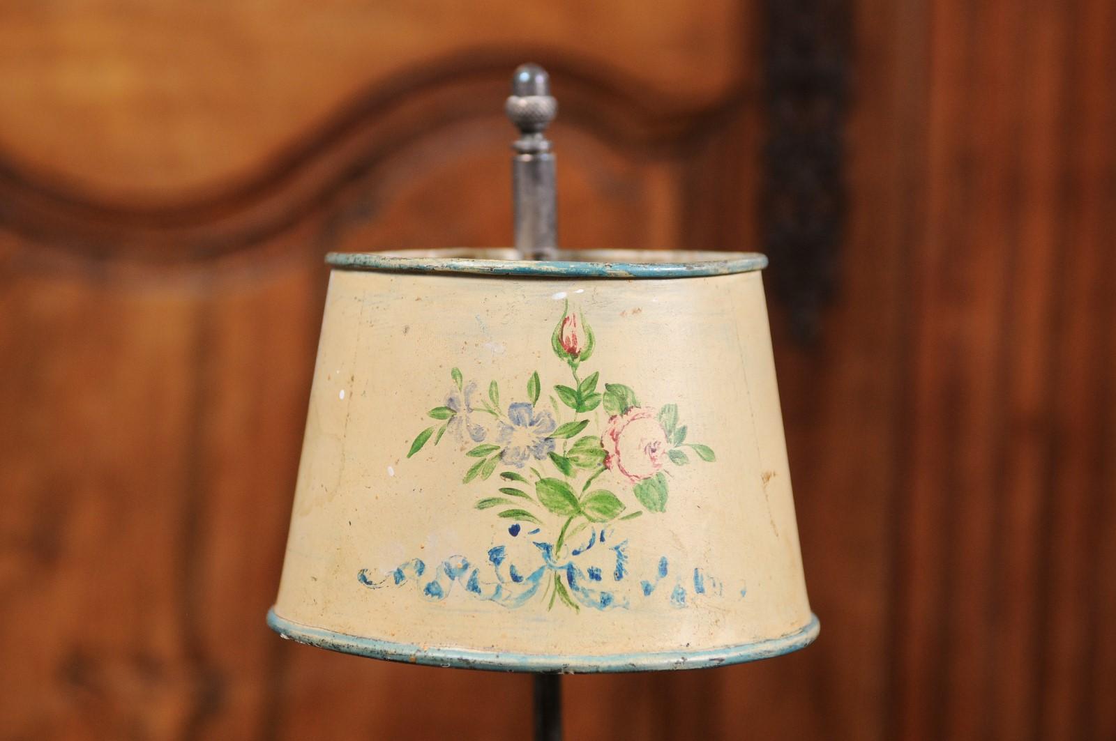 French 19th Century Tôle Lamp with Original Hand-Painted Floral Themed Shade For Sale 2